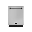 Stainless steel dishwasher front with black handle and Thor logo