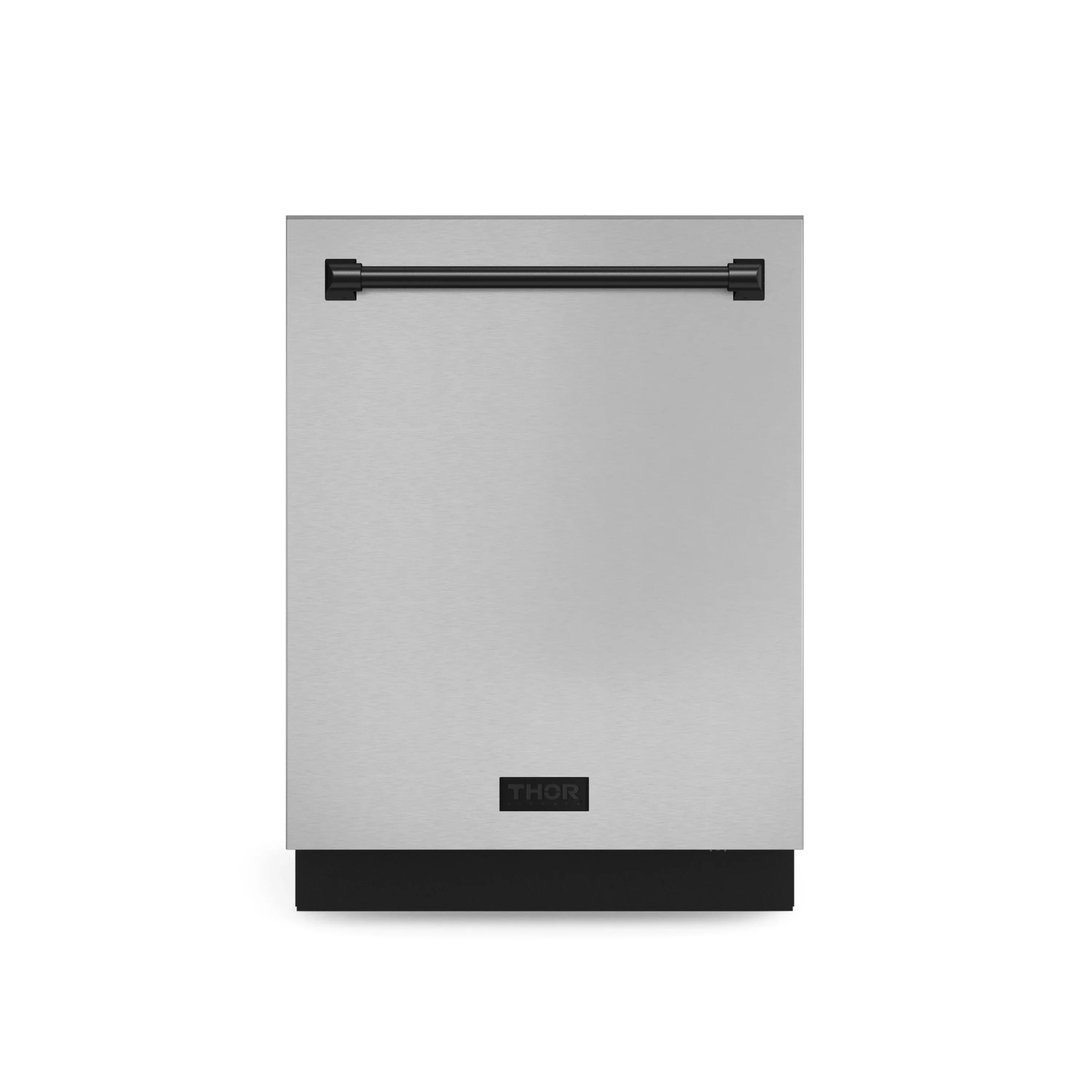 Stainless steel dishwasher with top handle and THOR badge, black base trim
