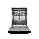 24-inch stainless steel dishwasher with open door, black trim, and interior racks