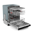 Open stainless steel dishwasher with stacked racks and interior wash area