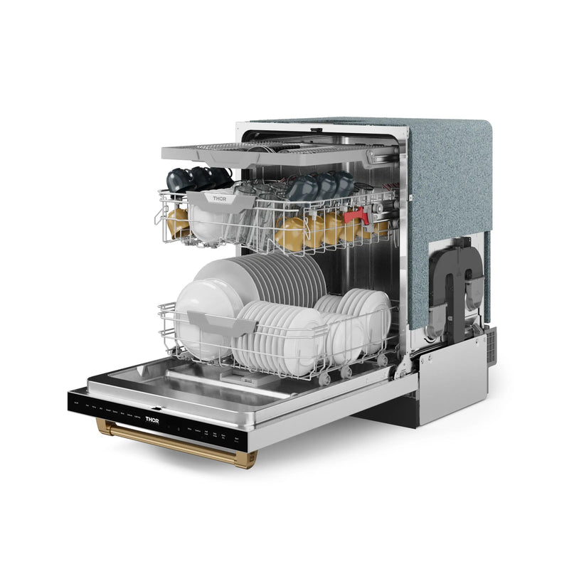 Gordon Ramsay by Thor Kitchen 3-Piece Appliance Package - 48-Inch Propane Gas Range, Double Oven, 36-Inch Refrigerator, and Dishwasher in Stainless Steel with Bronze Trim