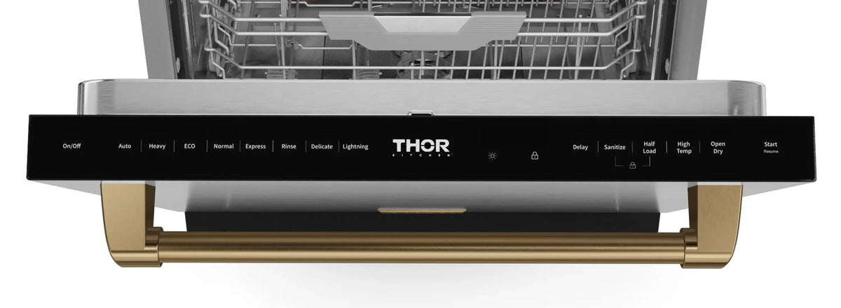 Stainless electric range control panel with THOR branding and knobs