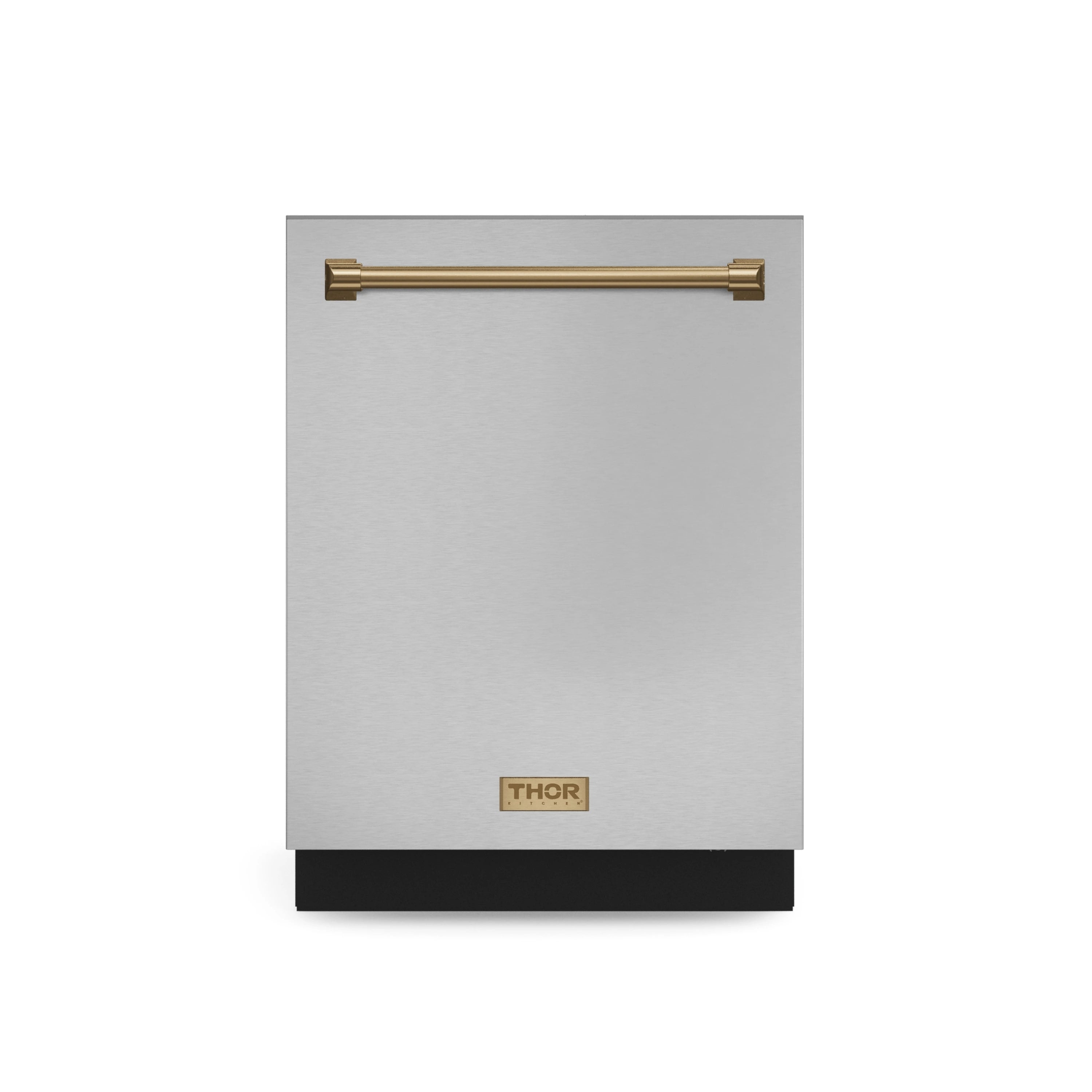 Thor 24-inch dishwasher front panel in stainless steel with bronze handle and logo