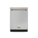 Gordon Ramsay by Thor Kitchen 4-Piece Appliance Package -  48-Inch Natural Gas Range, Wall Mount Range Hood, 36-Inch French Door Refrigerator, and Dishwasher in Stainless Steel with Bronze Trim