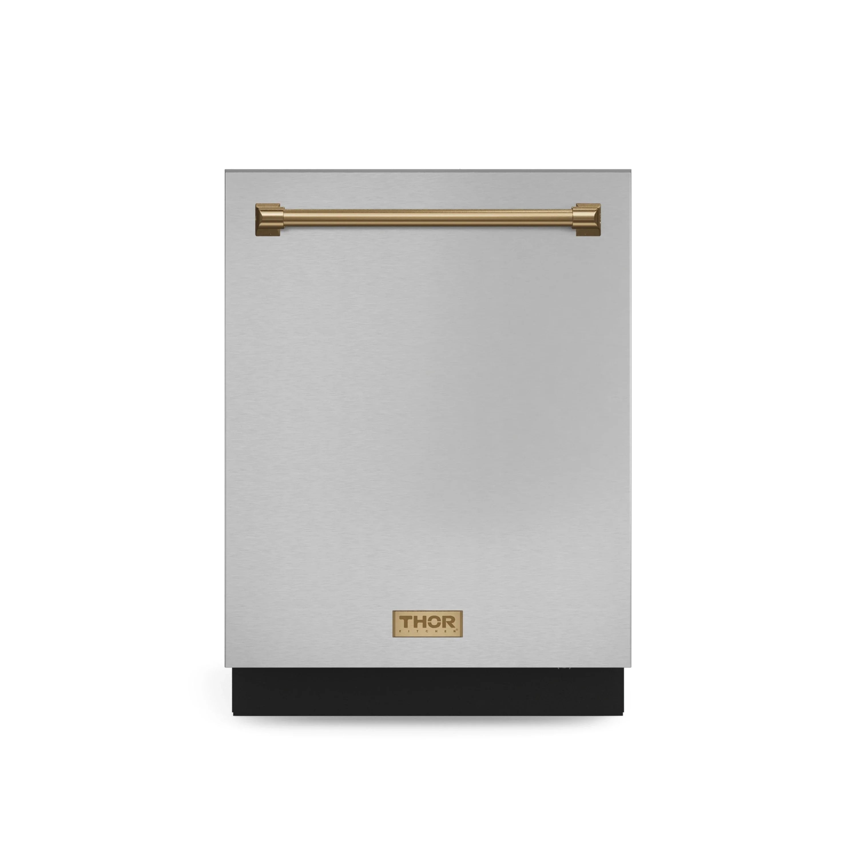 Stainless steel dishwasher front with bronze handle bar and THOR logo badge
