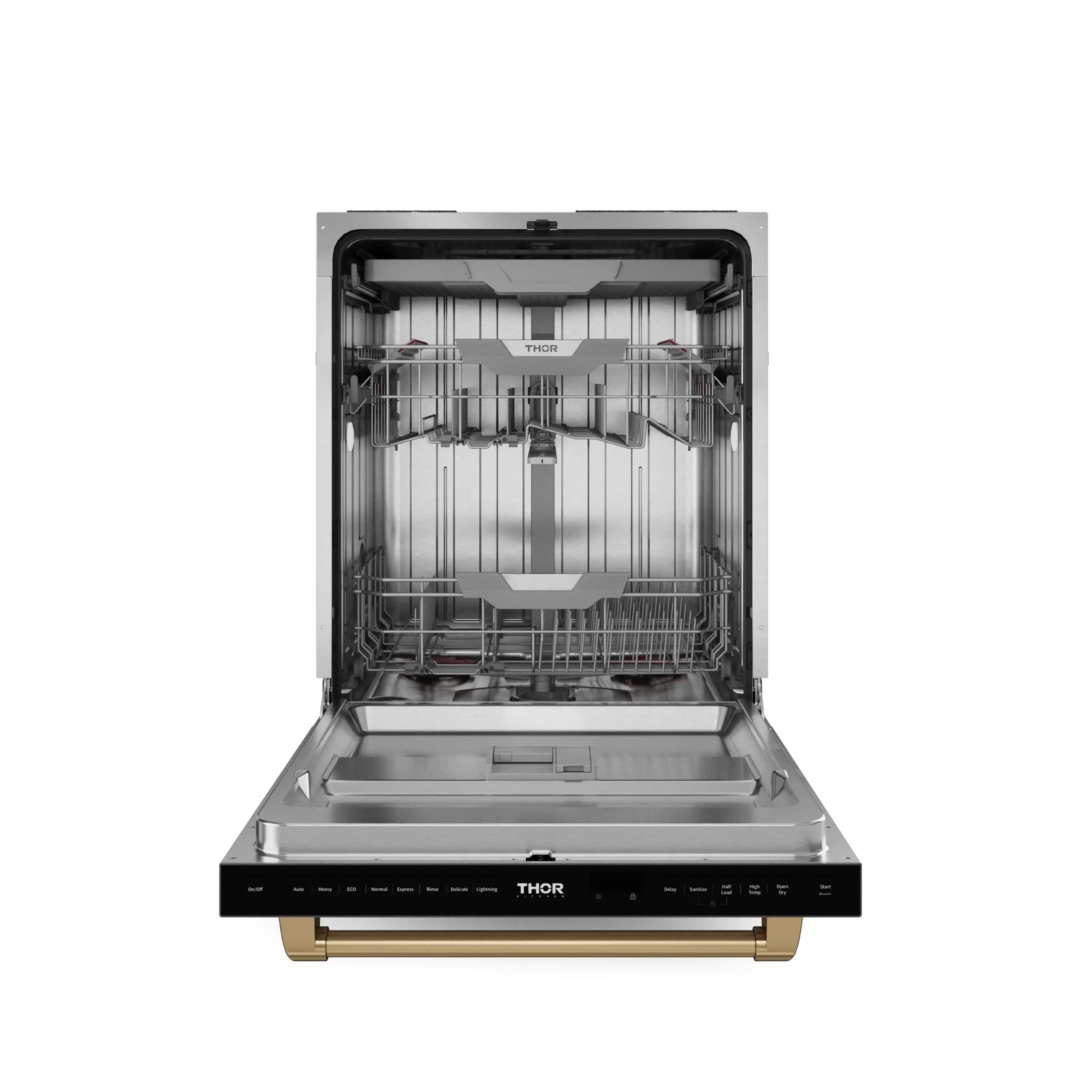 Thor 24-inch dishwasher open door showing stainless racks and interior spray system