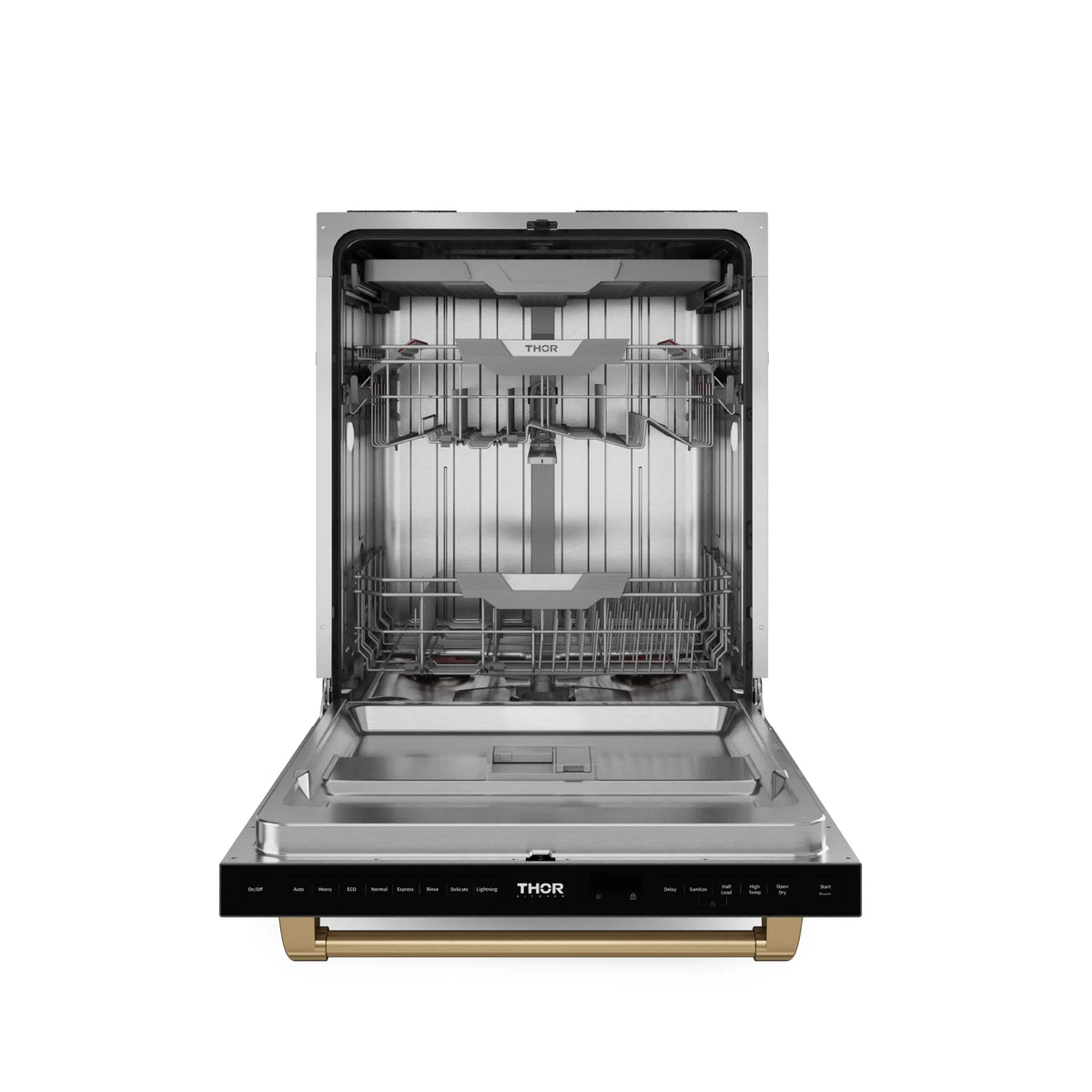 Built-in dishwasher door open with stainless rack system visible