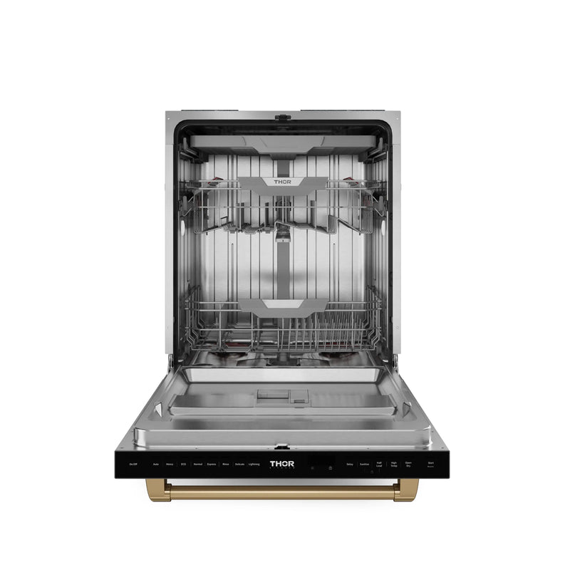 Gordon Ramsay by Thor Kitchen 3-Piece Appliance Package - 48-Inch Propane Gas Range, Double Oven, 36-Inch Refrigerator, and Dishwasher in Stainless Steel with Bronze Trim
