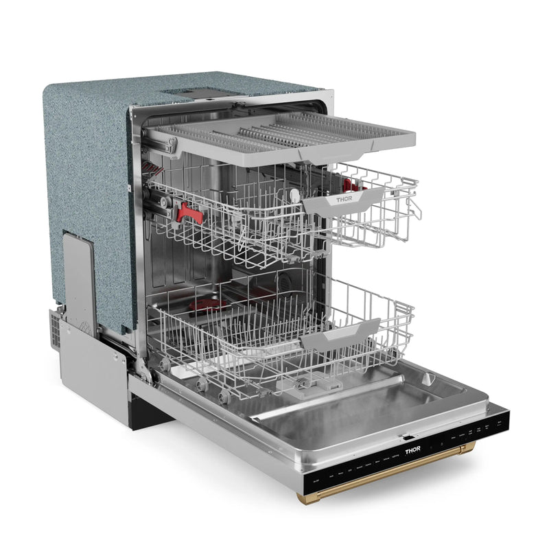 Gordon Ramsay by Thor Kitchen 3-Piece Appliance Package - 48-Inch Propane Gas Range, Double Oven, 36-Inch Refrigerator, and Dishwasher in Stainless Steel with Bronze Trim