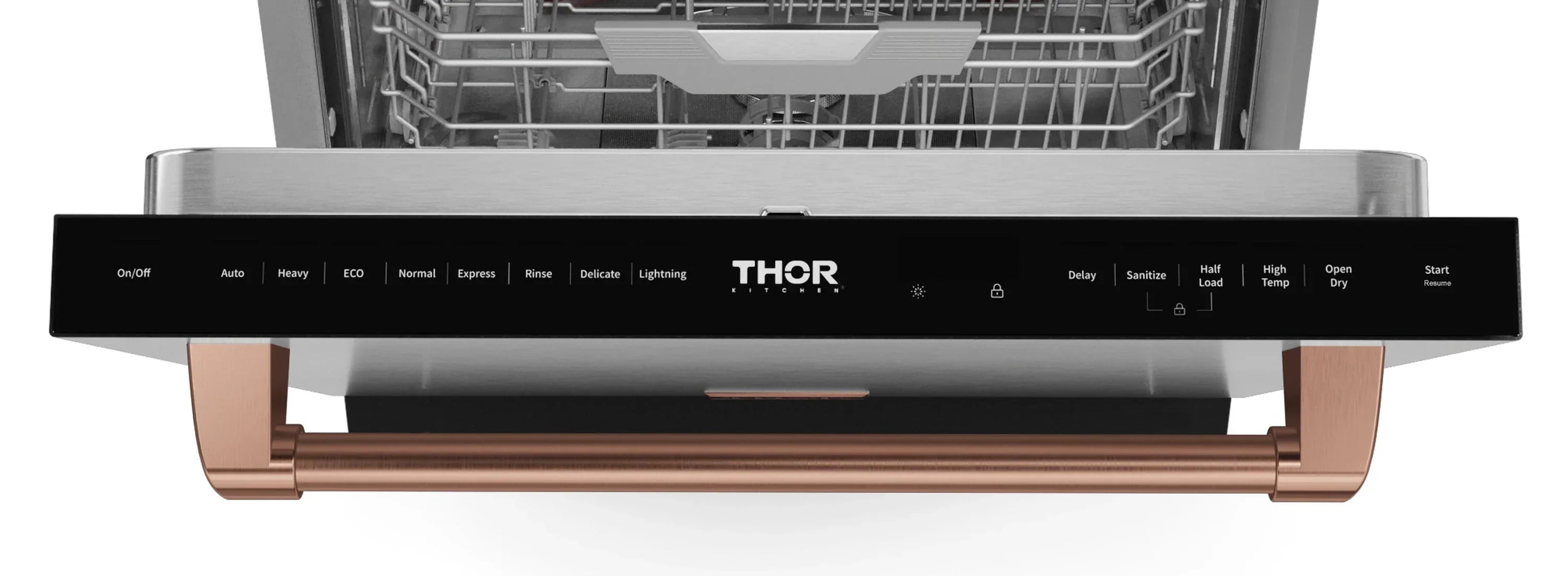 Dishwasher control panel with THOR branding and copper side trim