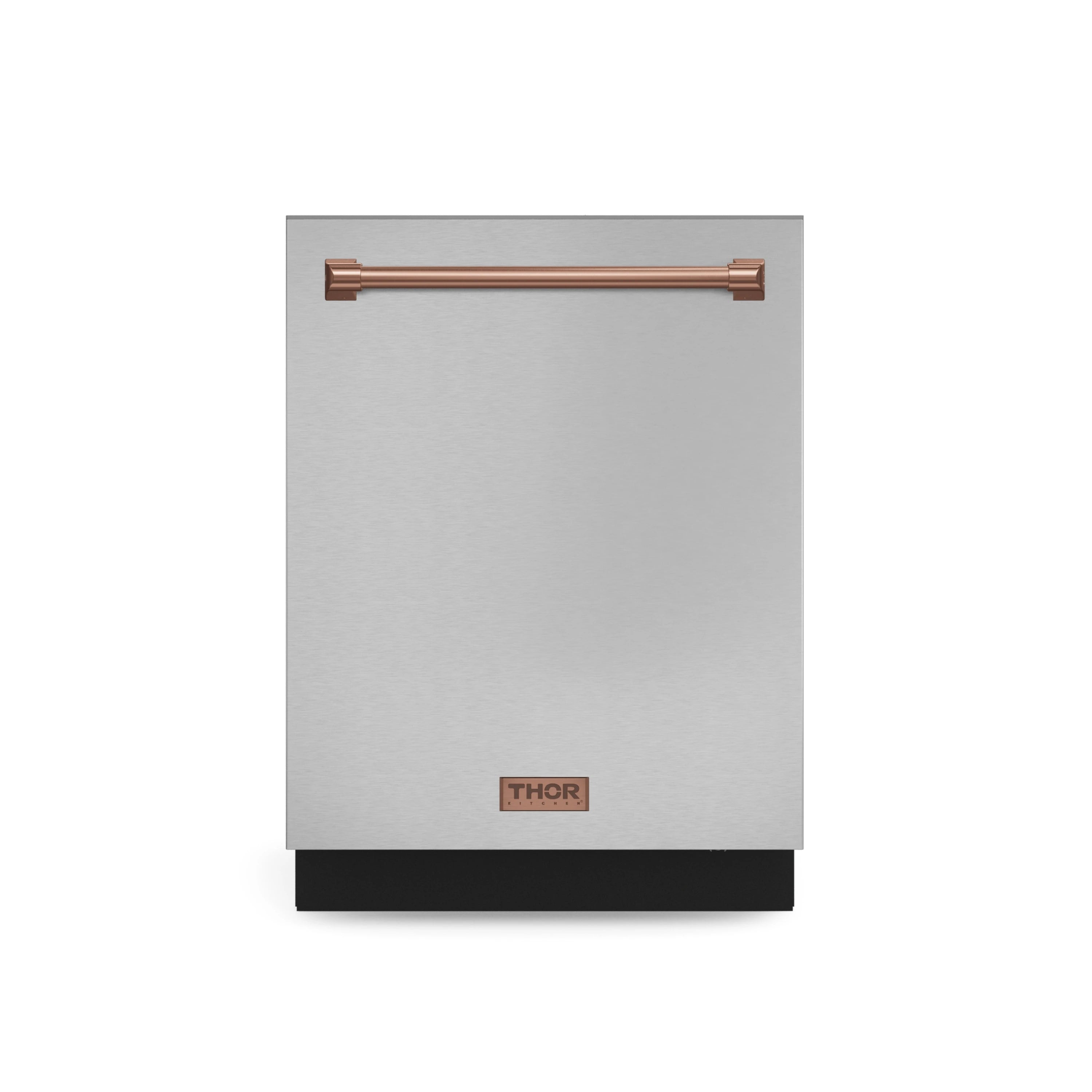 24-inch stainless steel dishwasher front view with rose gold trim and THOR logo