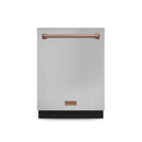 24-inch stainless steel dishwasher front view with rose gold trim and THOR logo