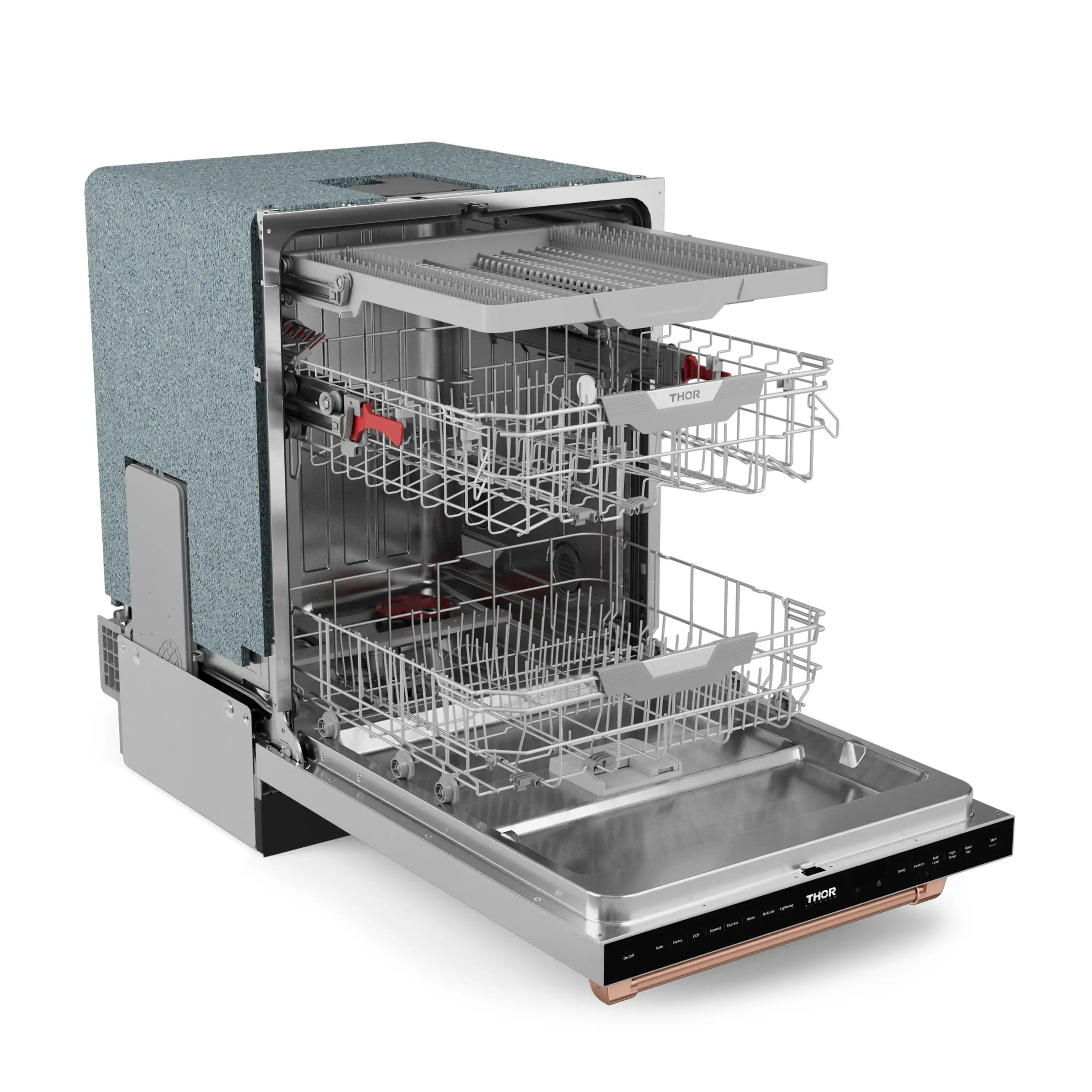 Stainless steel dishwasher open, showing interior racks and rose gold accents