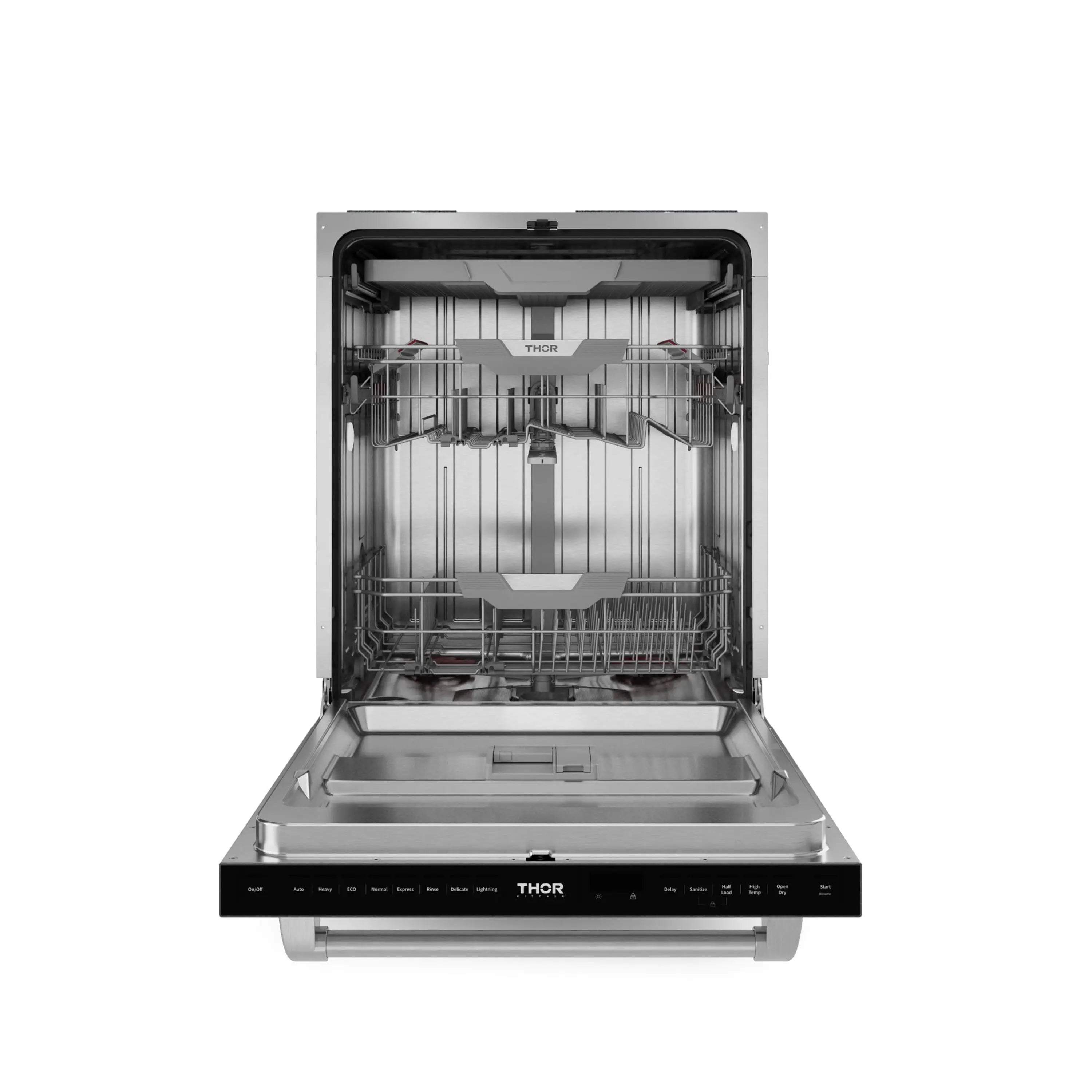 Stainless steel dishwasher open with upper and lower racks and spray arms