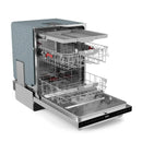 Side view of open stainless dishwasher showing upper and lower racks.