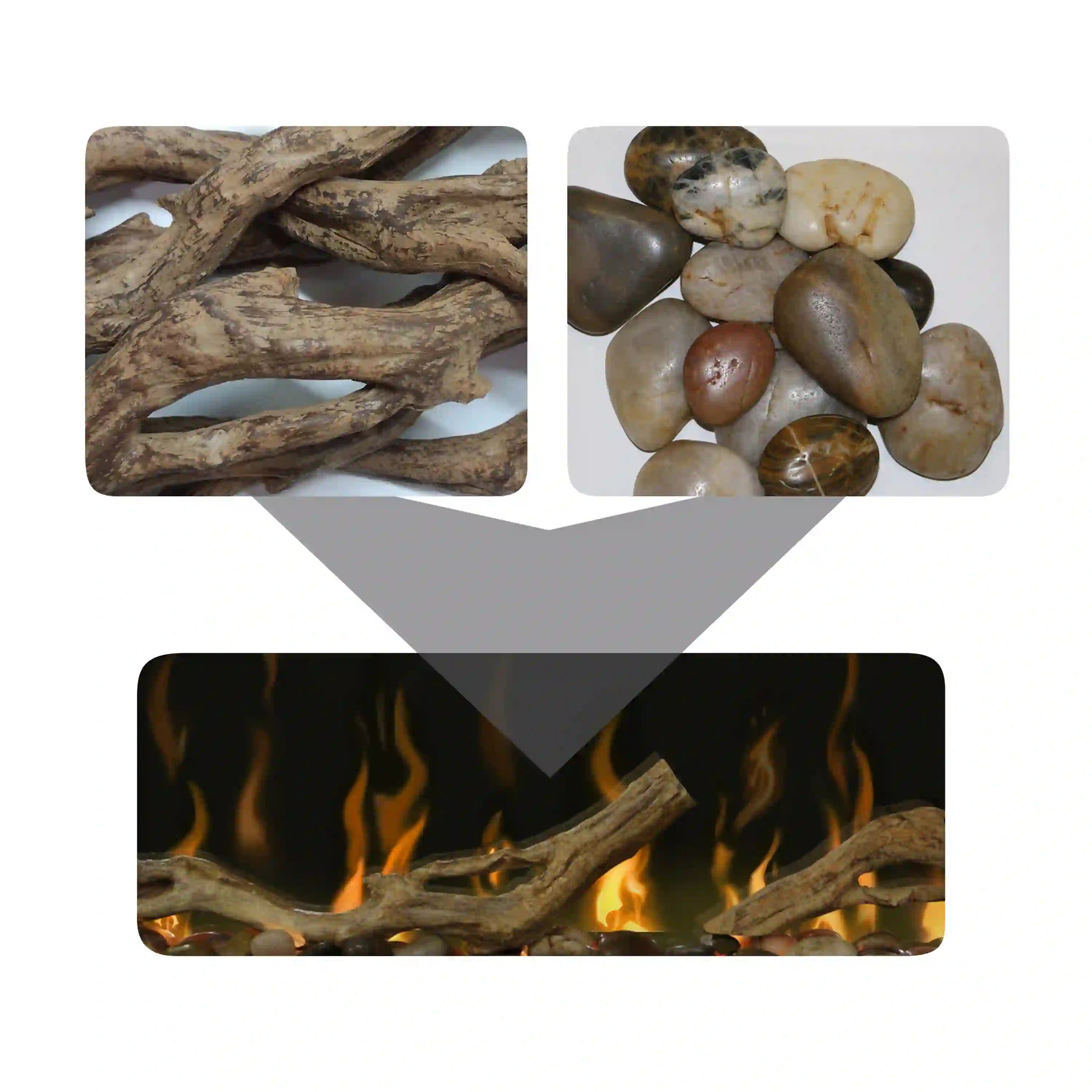 Driftwood log pieces and mixed river rock stones, accessory set
