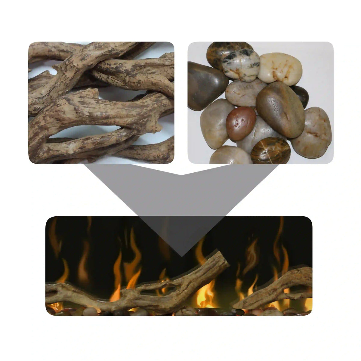 Driftwood logs and river rocks accessory for linear fireplace ember bed with flames