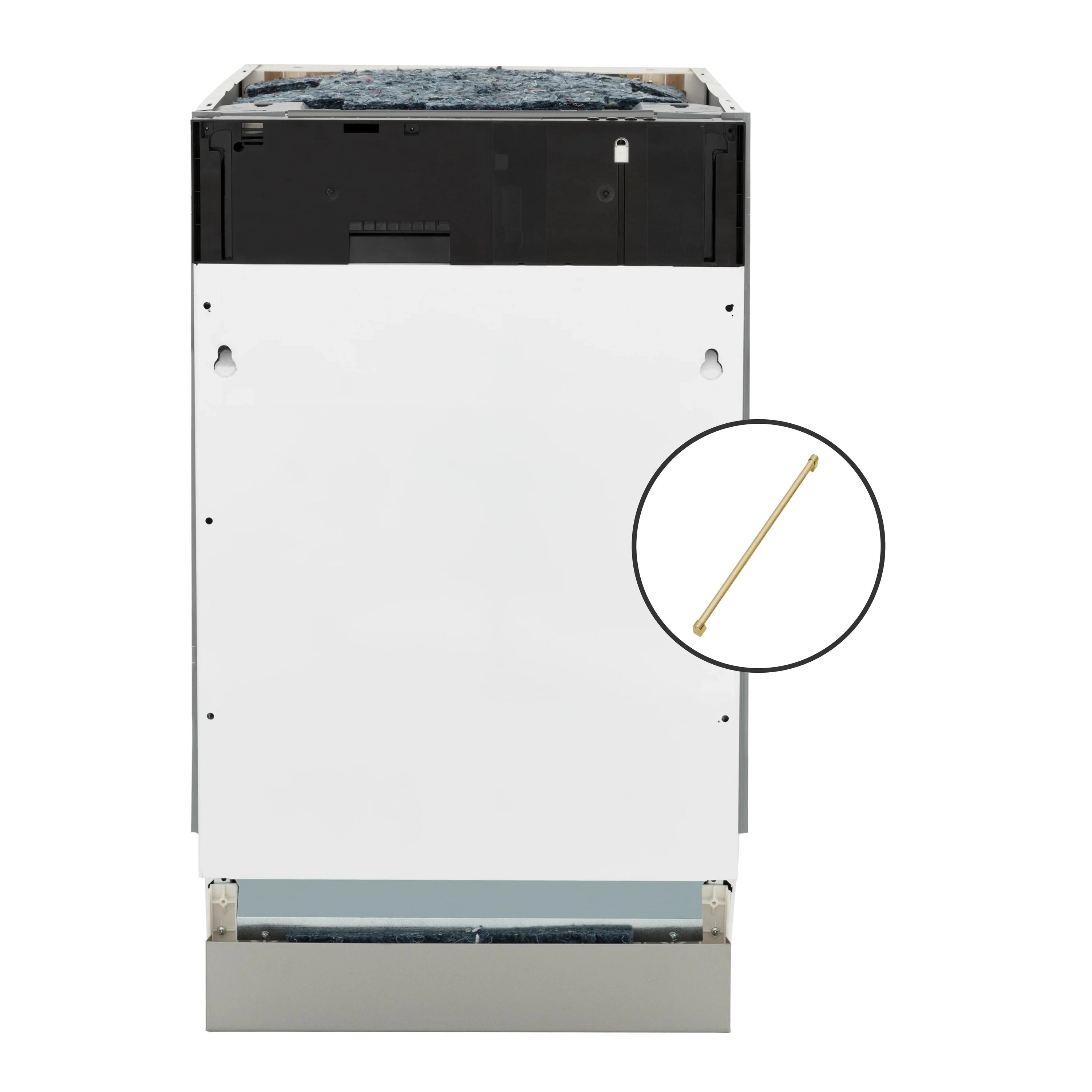 Panel-ready dishwasher front with top control trim and white custom door panel.