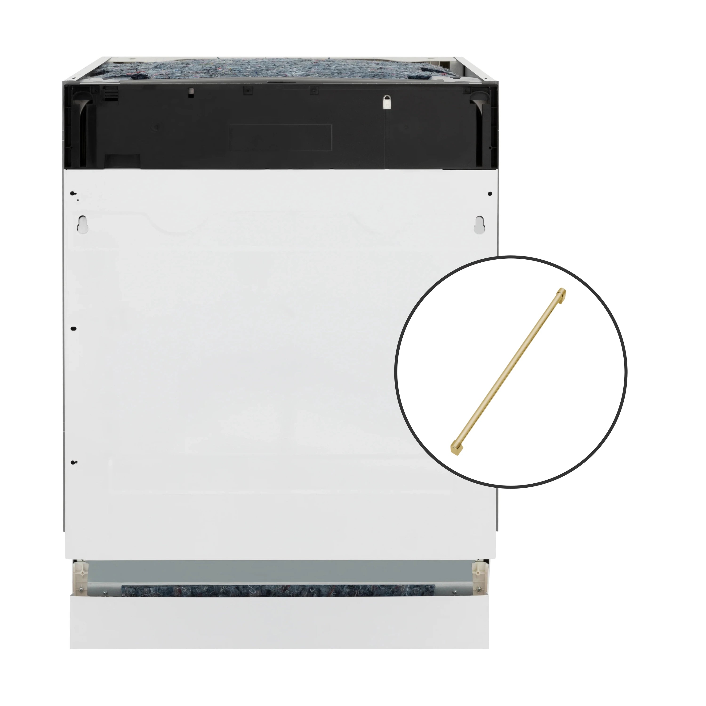 Built-in tall dishwasher with open top compartment and dark control panel area