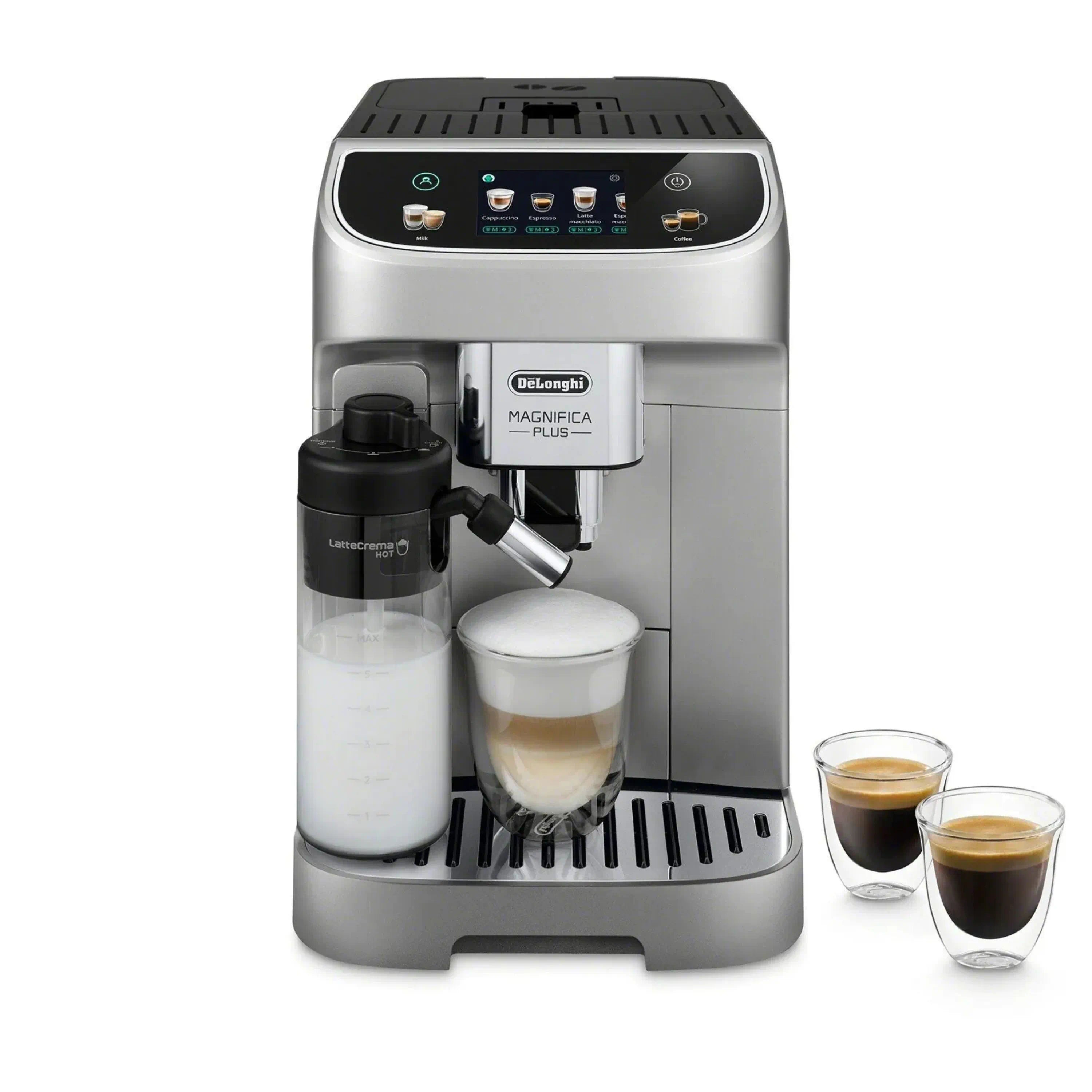 Silver fully automatic espresso machine with two frothing cups and side water container