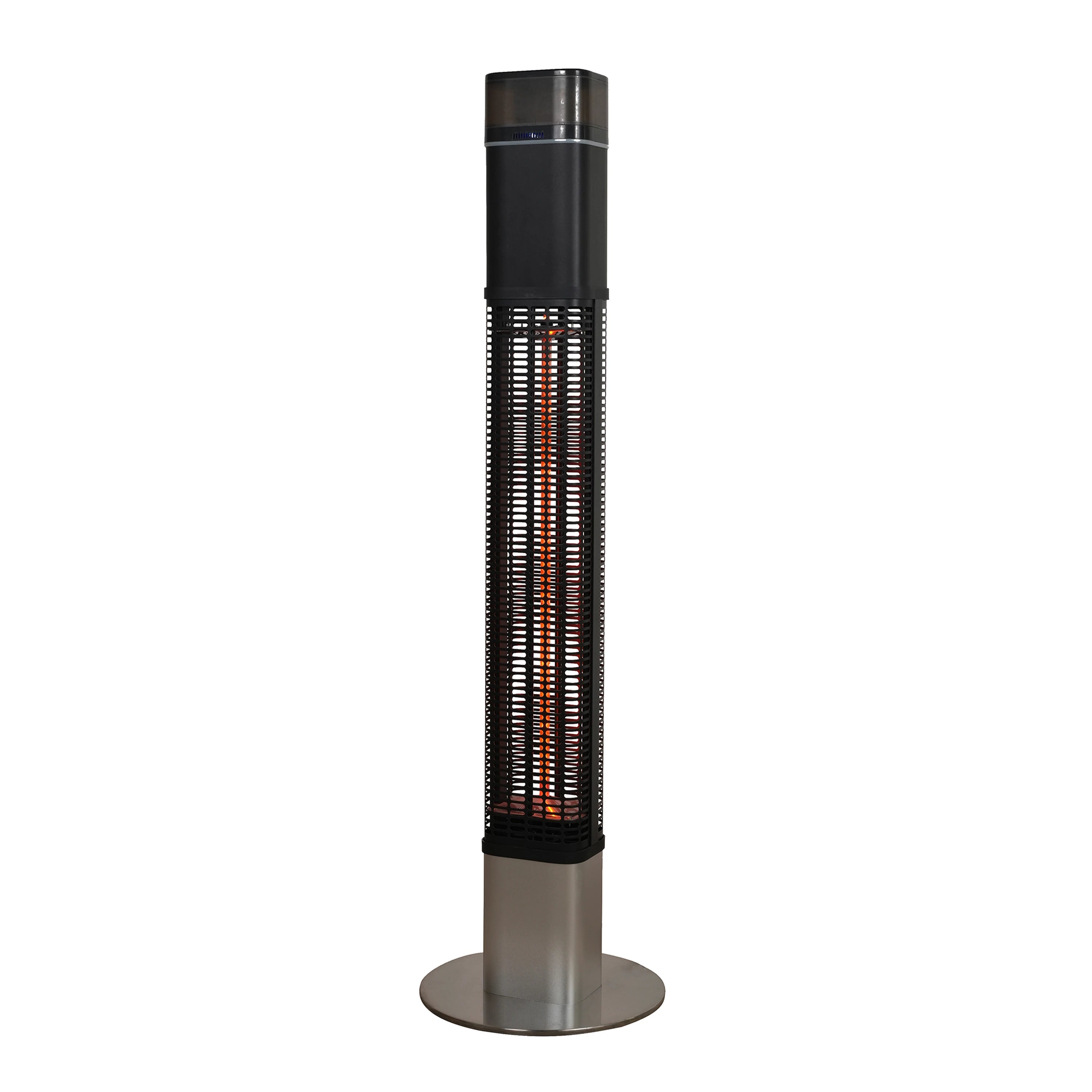 Tall black halogen tube heater with protective grille and stainless base