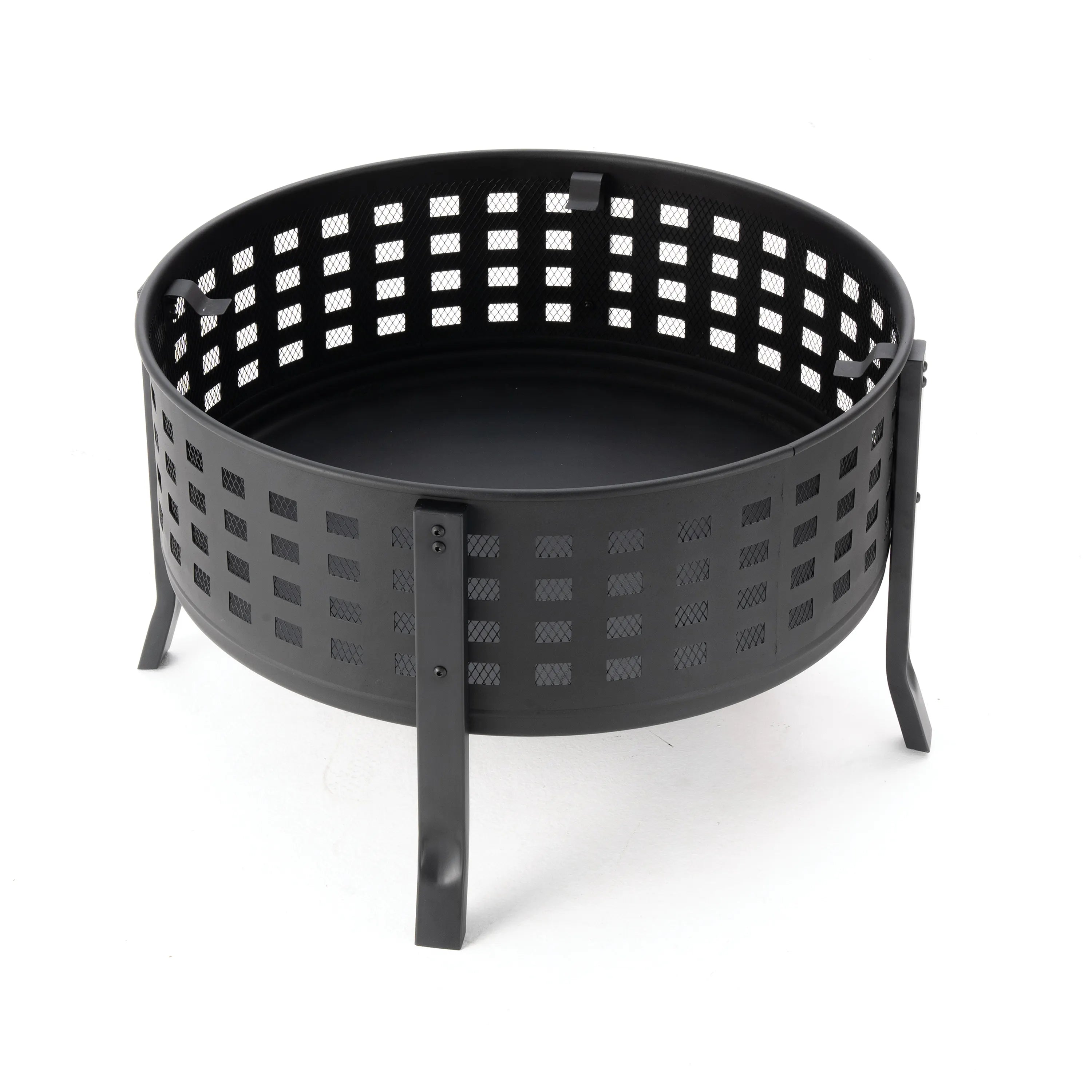 Black round fire pit bowl with perforated sides and four supporting legs