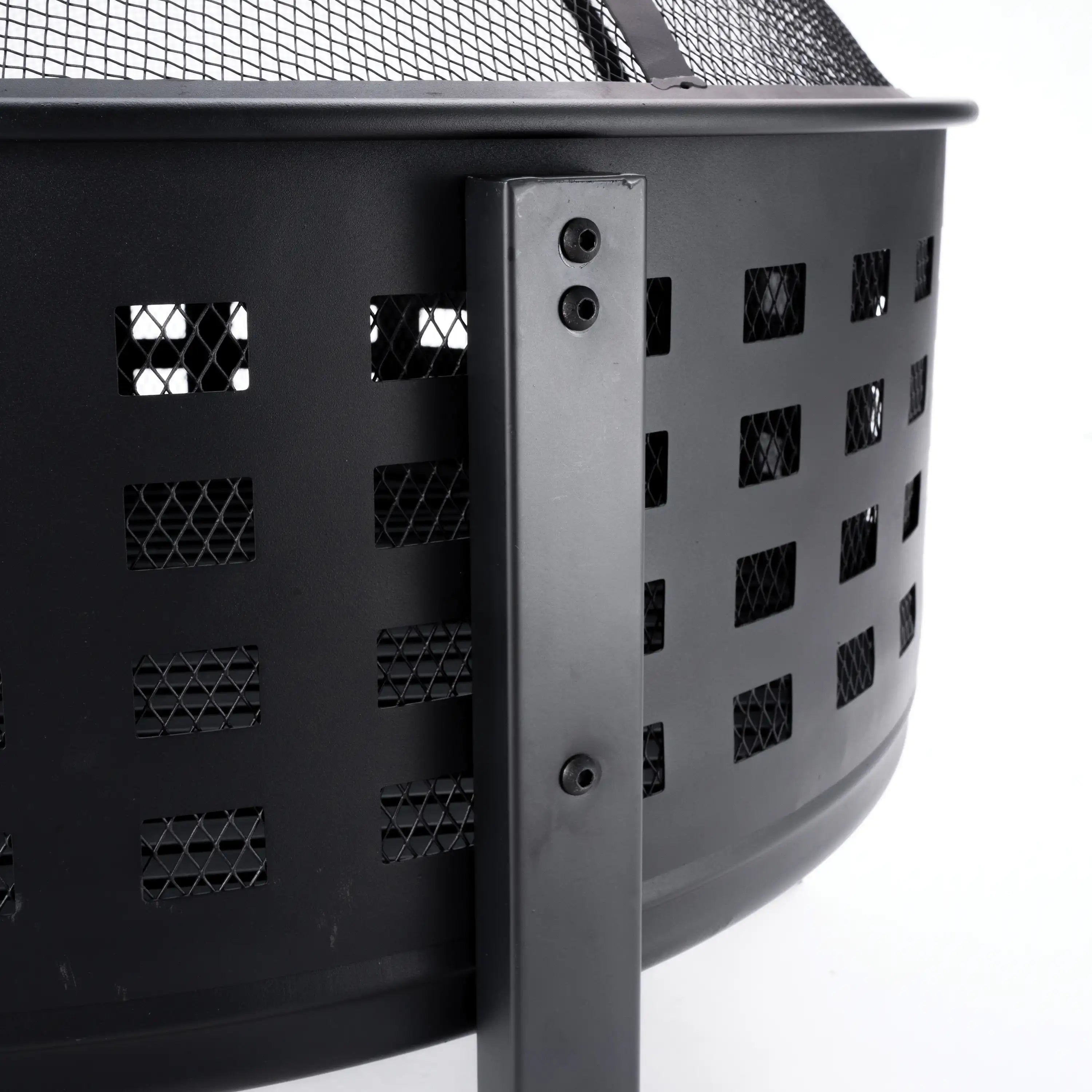Black steel round fire pit body with vented perforations and side mounting bracket