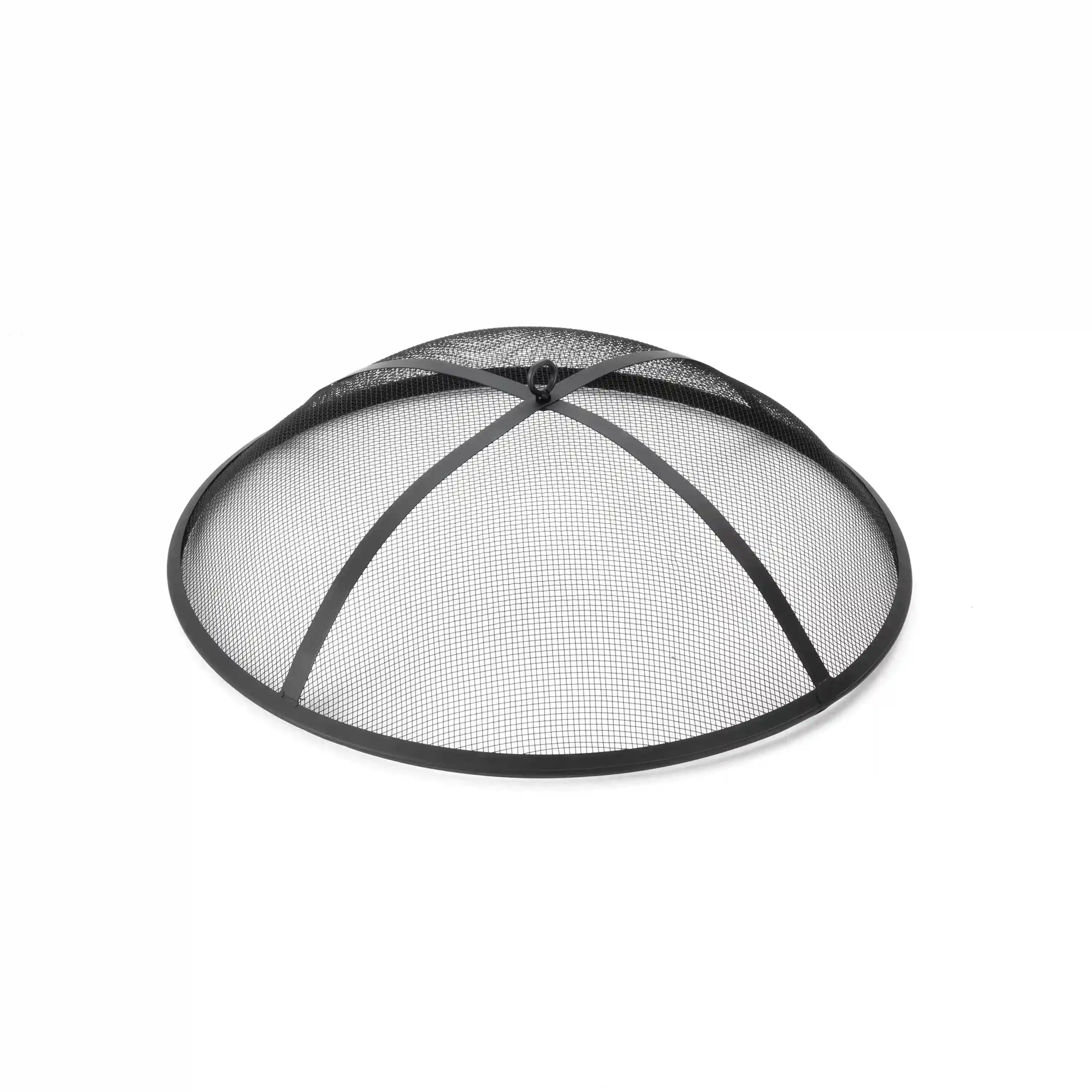 Round mesh spark screen with a black rim for covering a fire pit cooking area