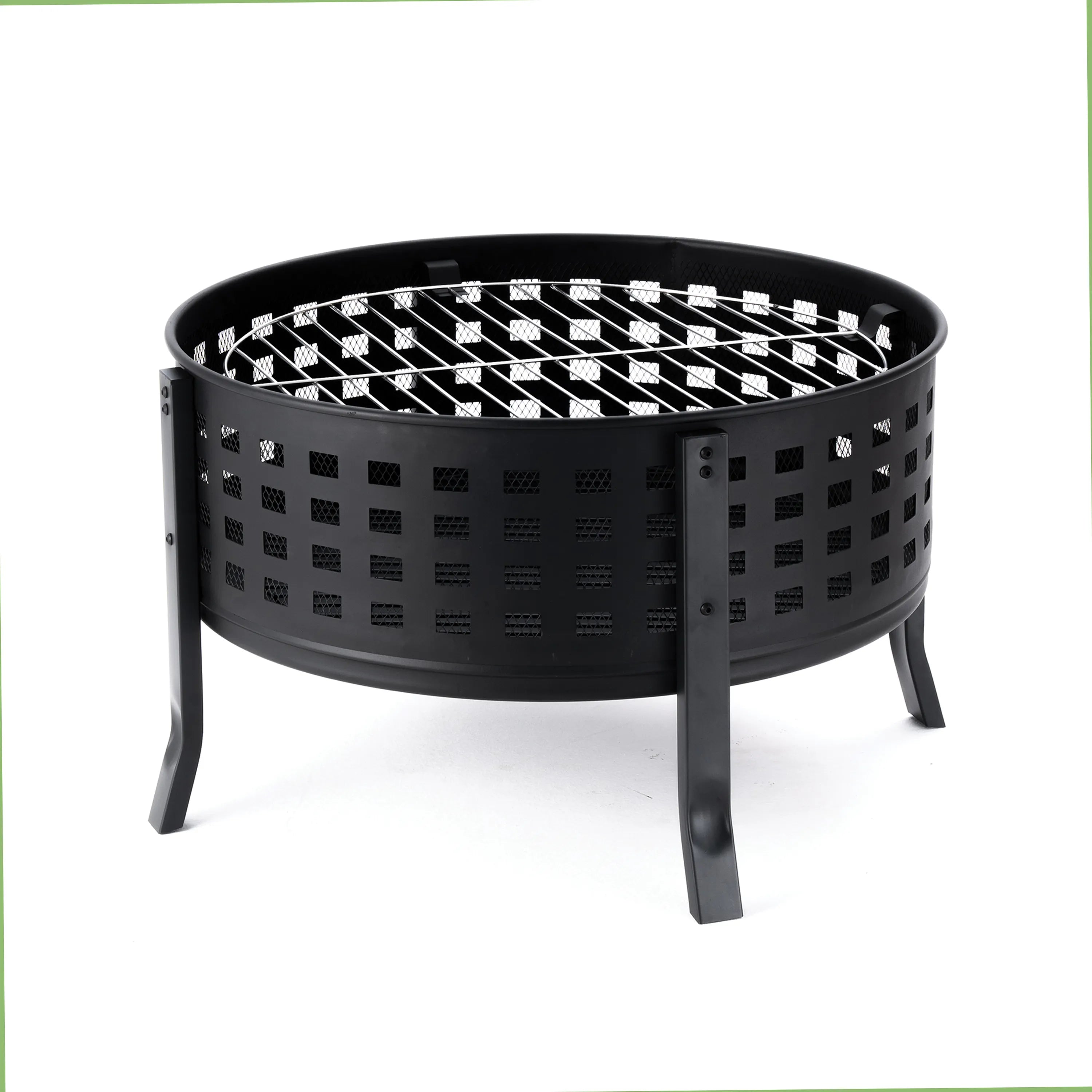 Black round fire pit with raised grill grate and perforated side walls on legs