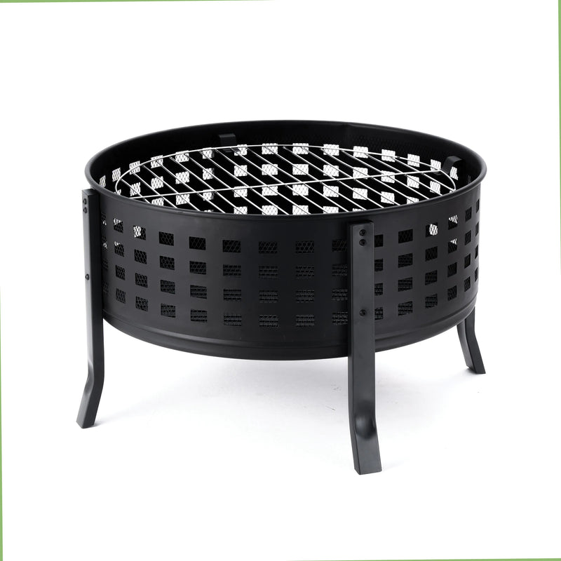 Deko Living 27-Inch Round Outdoor Steel Wood Burning Fire Pit with Cooking Grill and Spark Screen (COB10514)