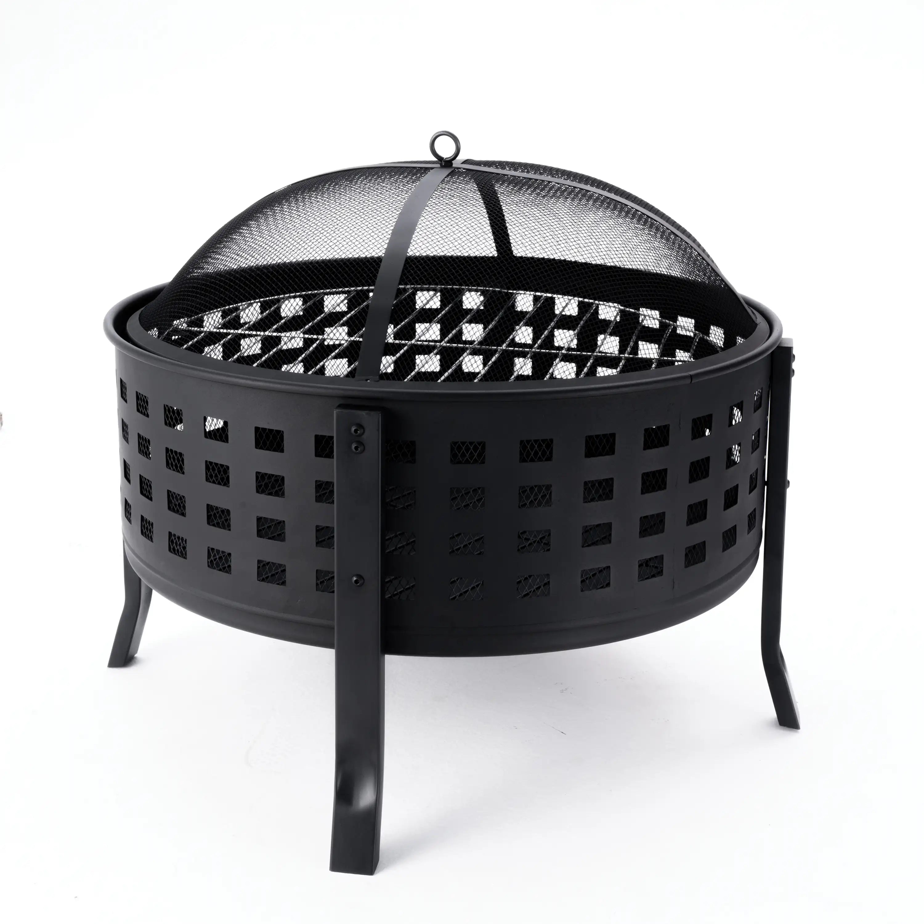 Black round fire pit with legs and domed mesh spark screen over the grill grate