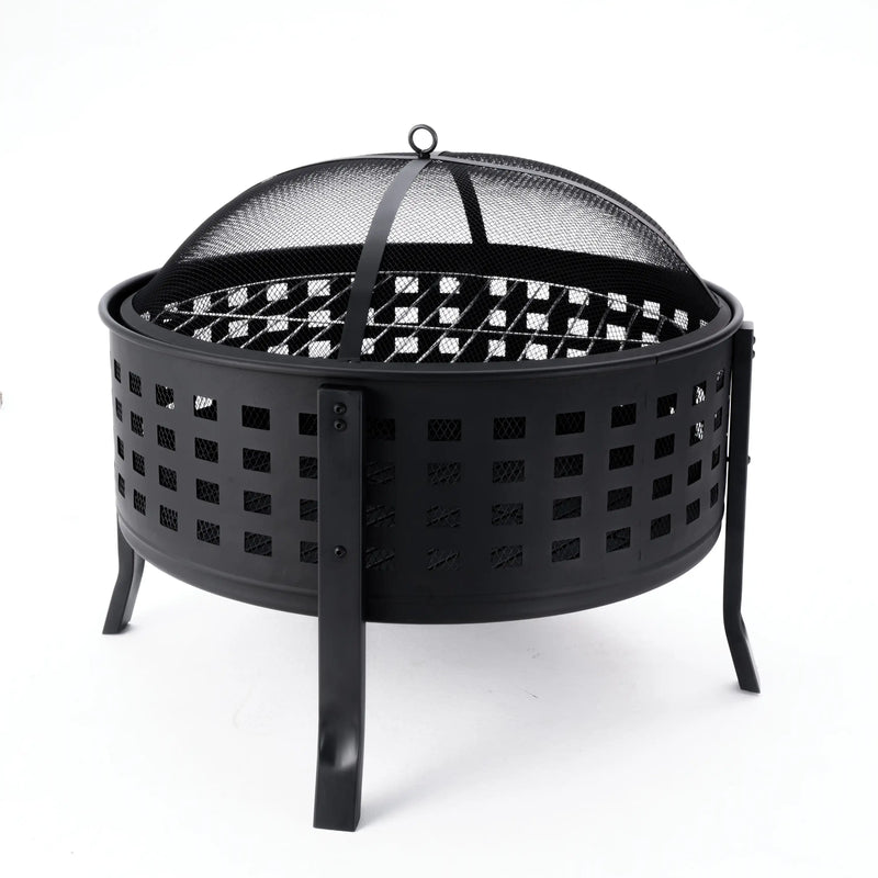 Deko Living 27-Inch Round Outdoor Steel Wood Burning Fire Pit with Cooking Grill and Spark Screen (COB10514)