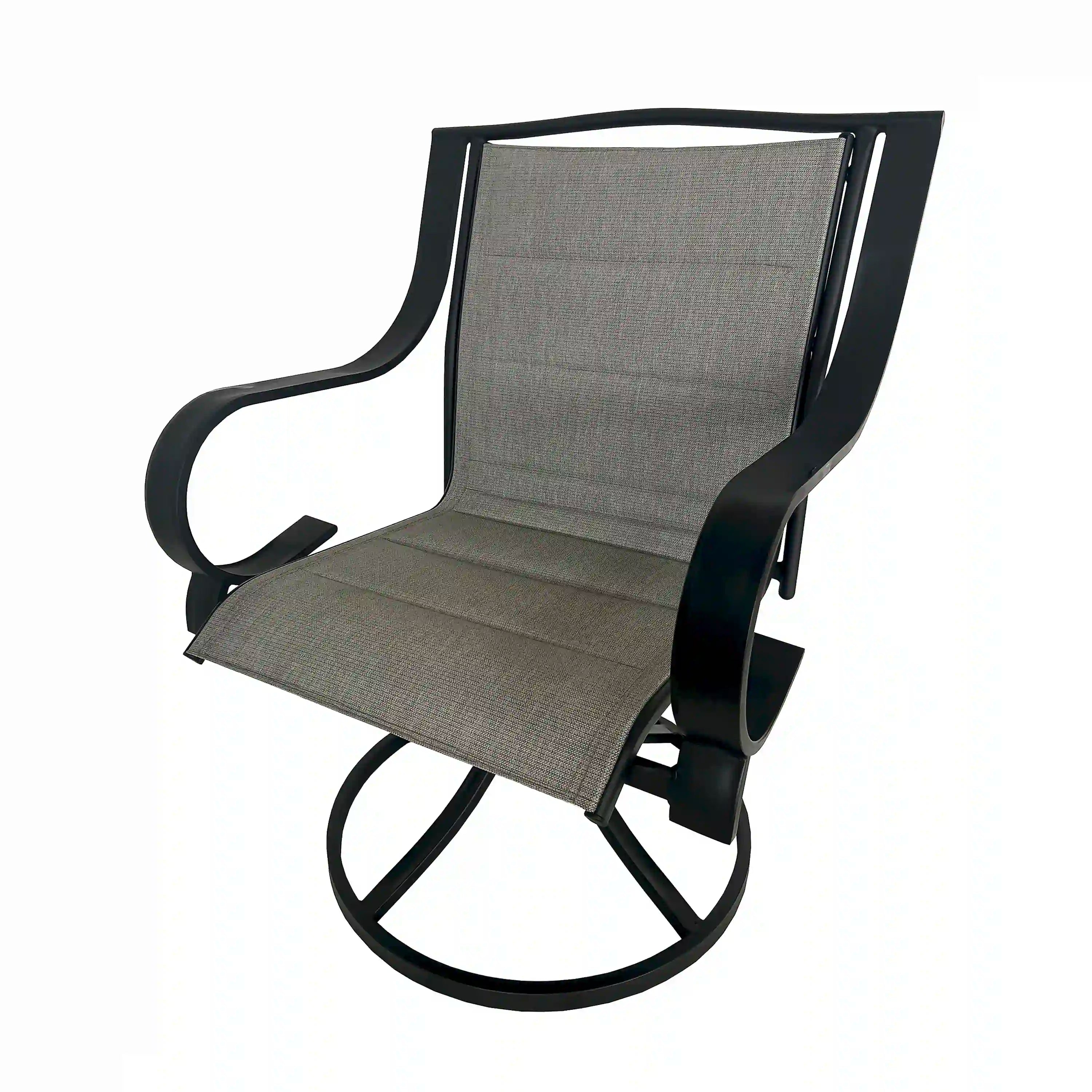 Patio swivel dining chair with gray woven cushion and black curved arms.