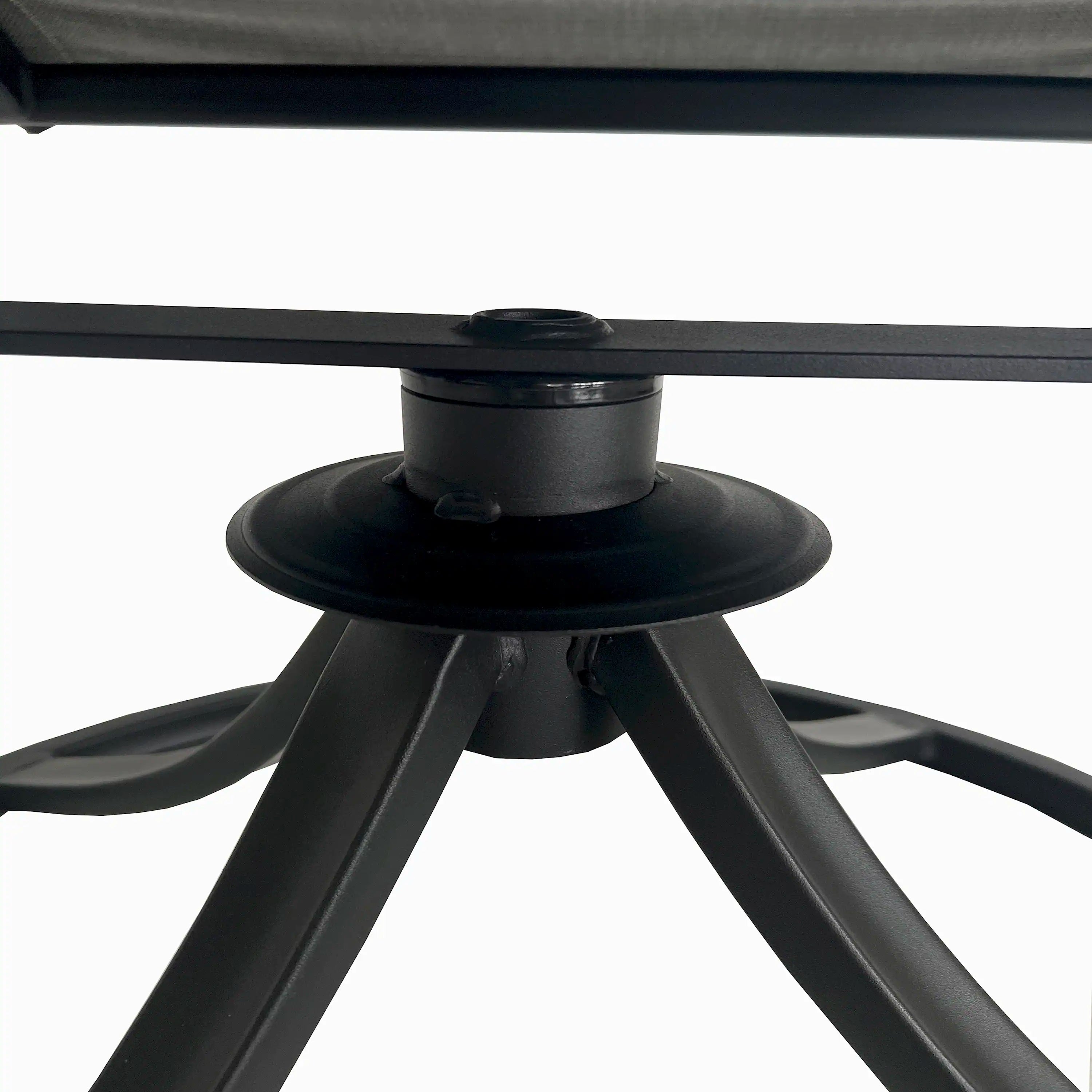 Outdoor patio dining table center leg with black base and pedestal.