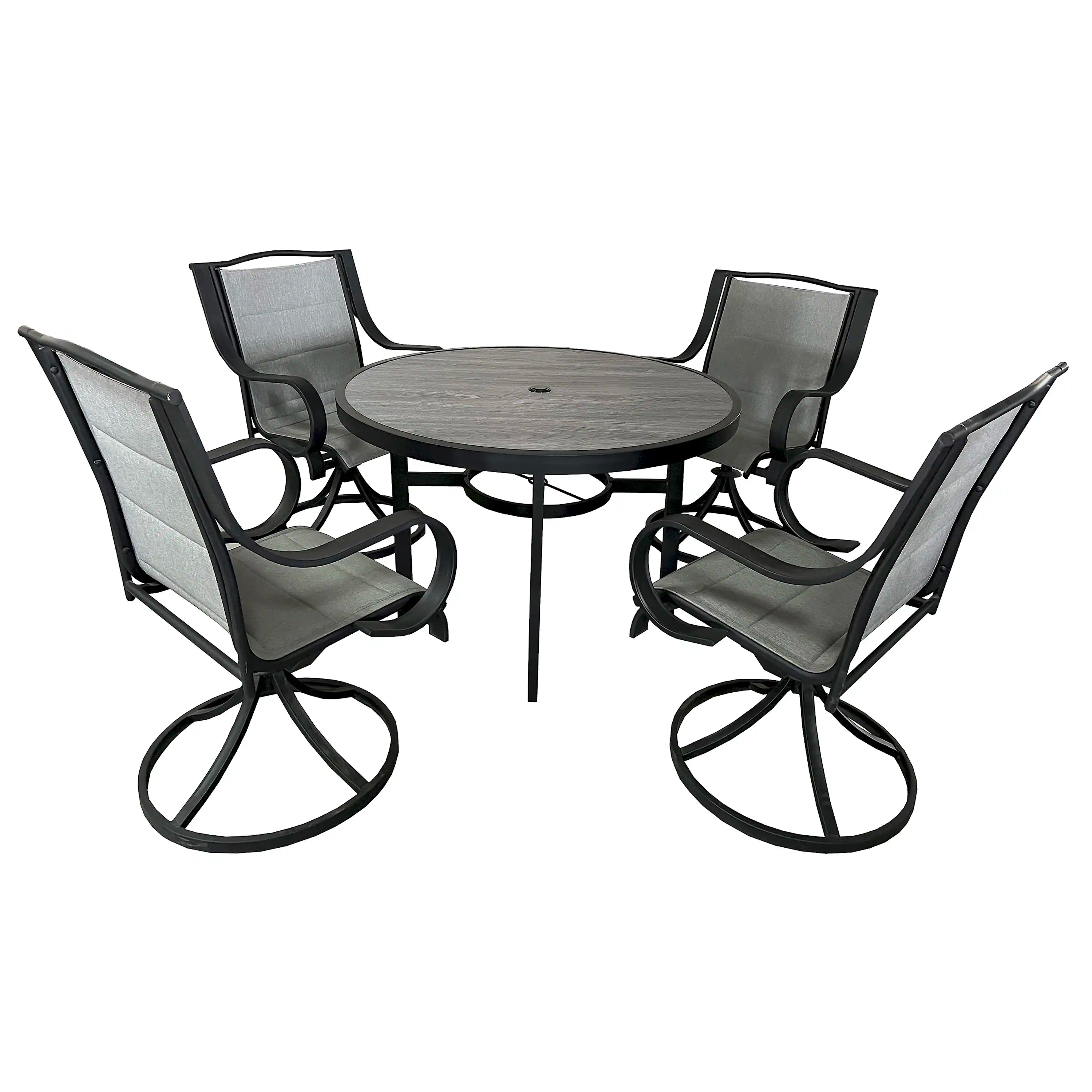 Outdoor patio dining set with round black table and four gray swivel chairs.