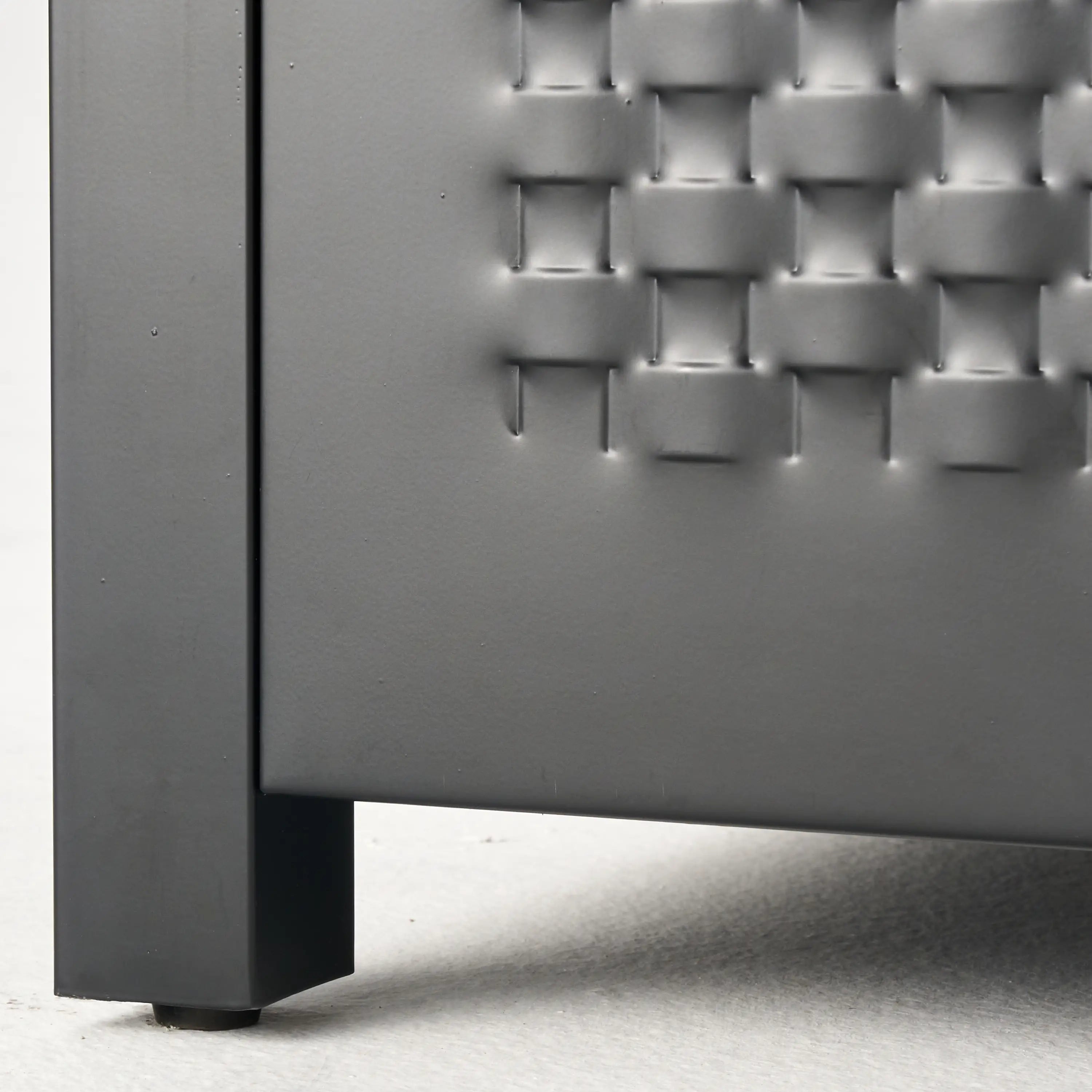 Outdoor propane fire pit table side panel with textured metal base