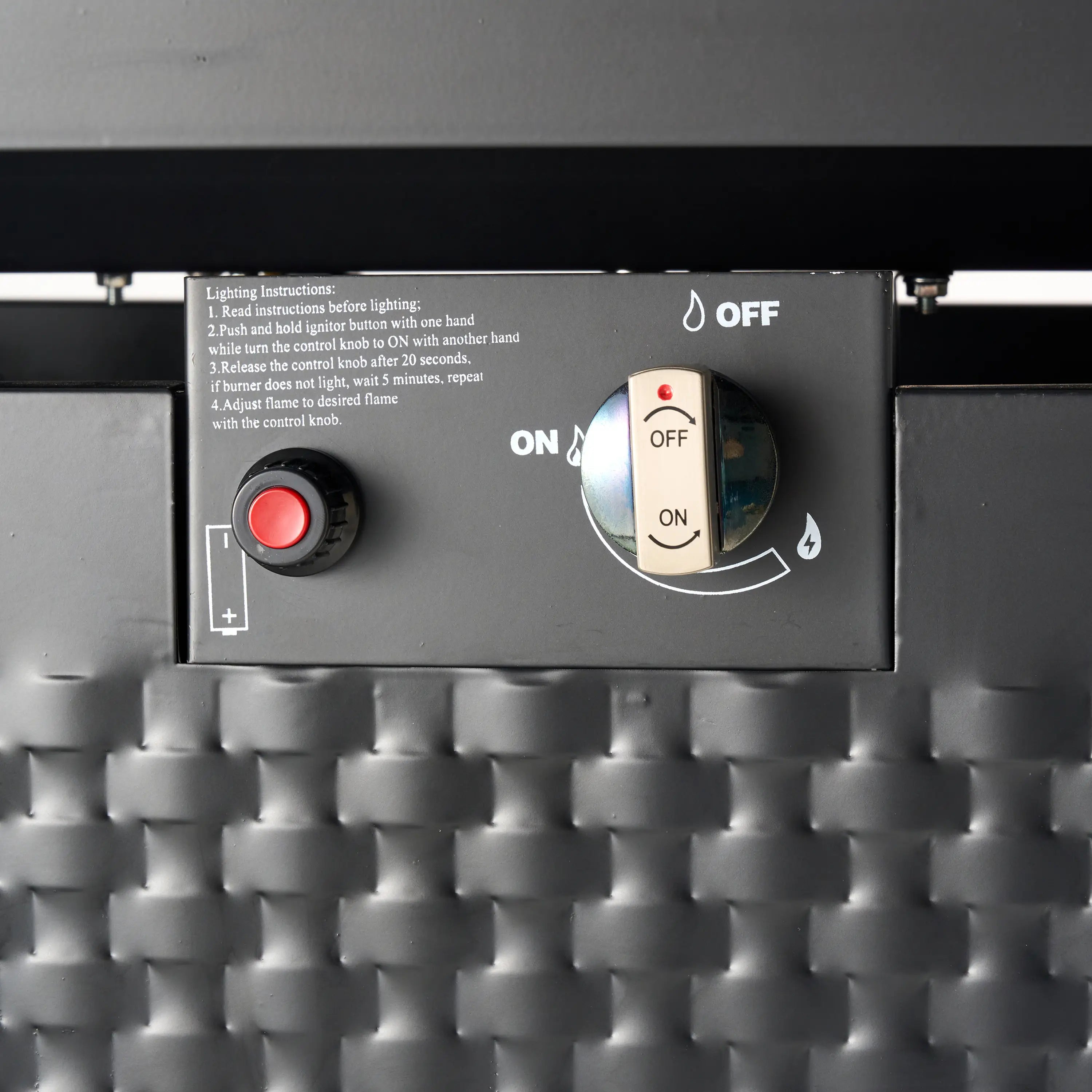 Fire pit control panel with ON/OFF dial and flame indicator