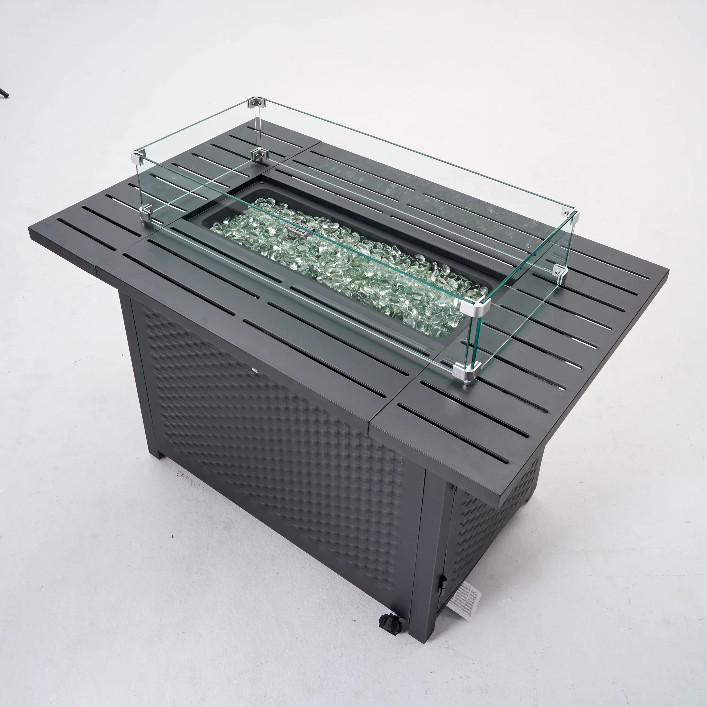 Rectangular outdoor fire pit table with glass wind guard and fire media
