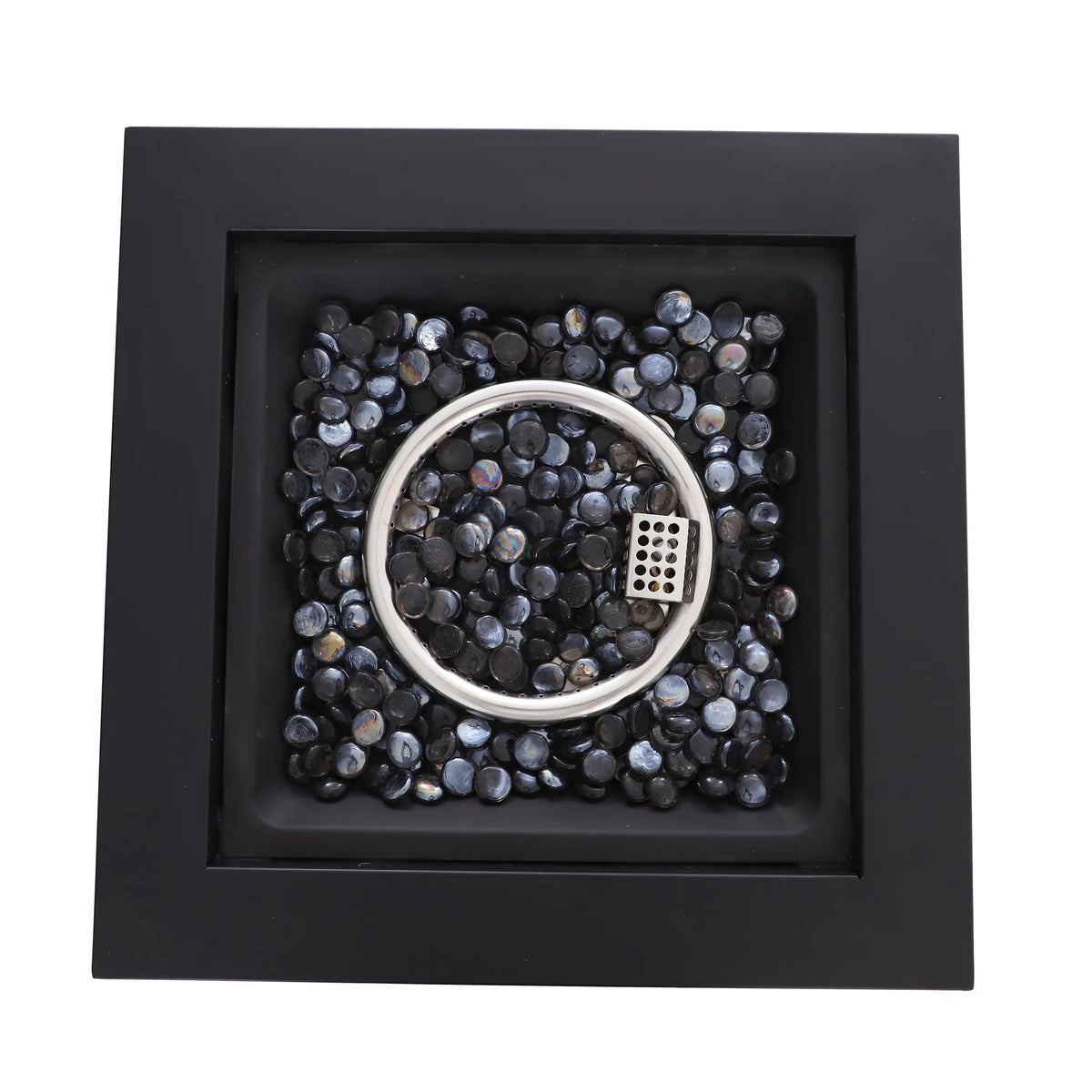 Square fire pit burner insert surrounded by black and silver glass beads