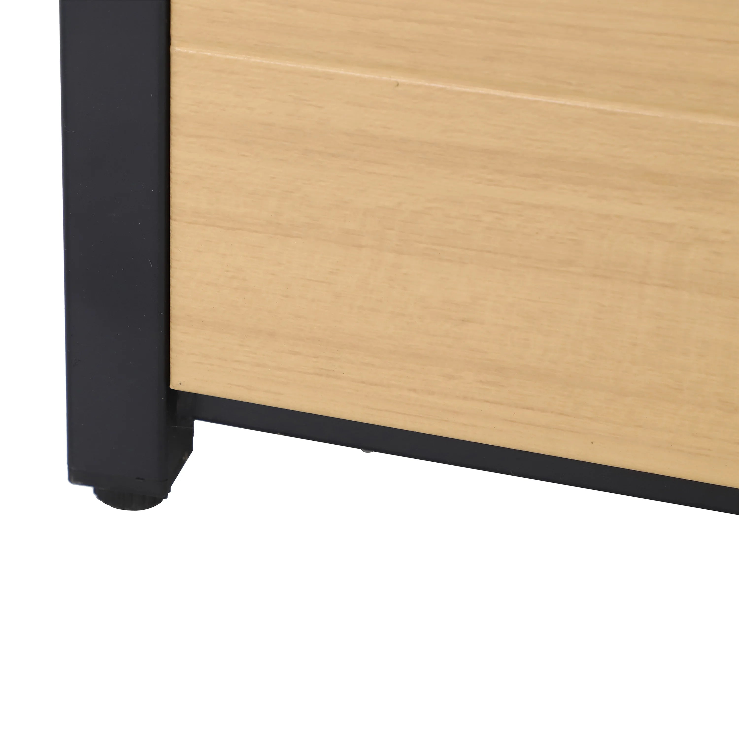 Outdoor square fire pit table with tapered black legs and tan wood side panel