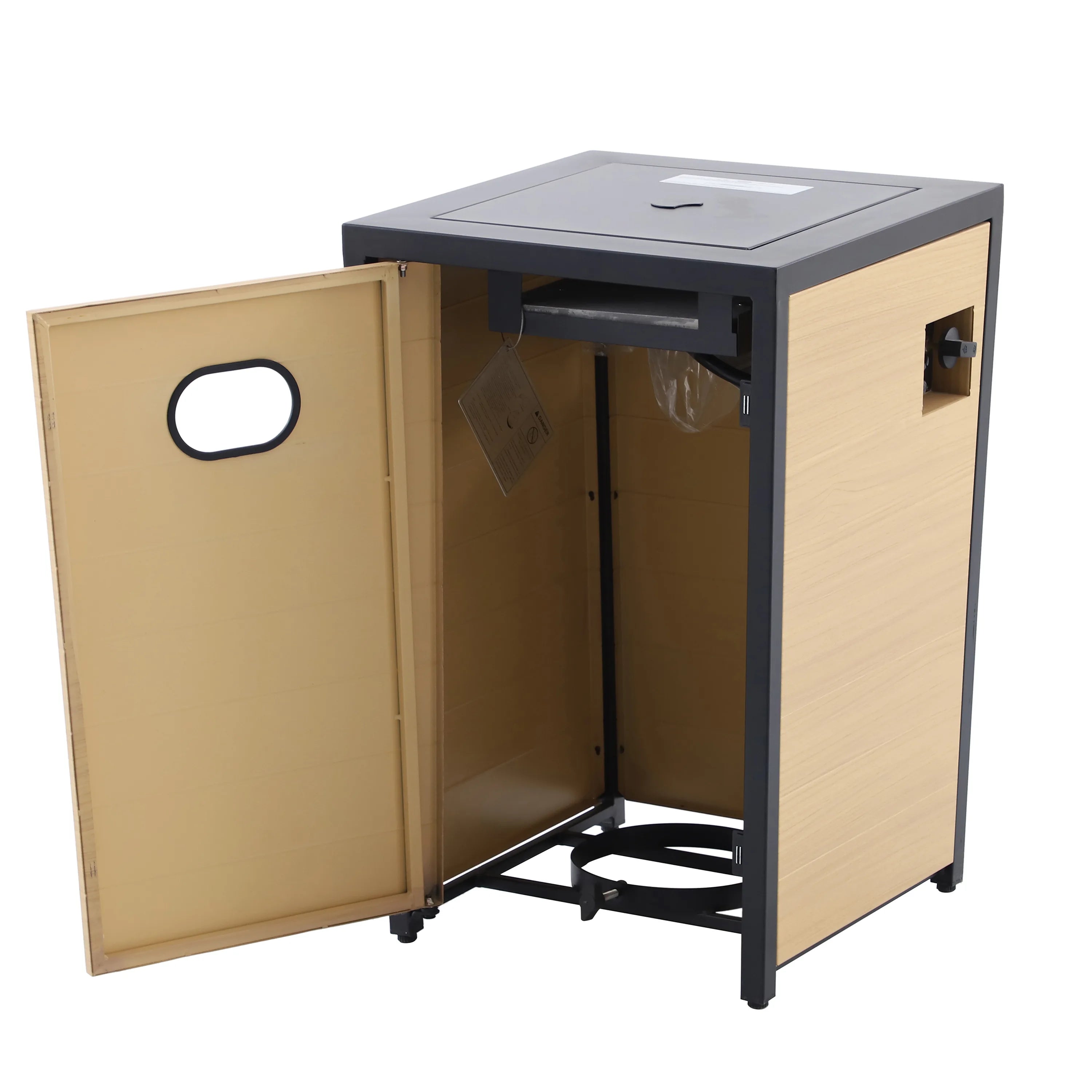 Outdoor propane fire pit table with open side cabinet door and burner access