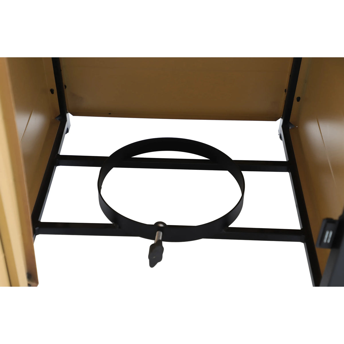 Outdoor fire pit burner ring inside open square cabinet base