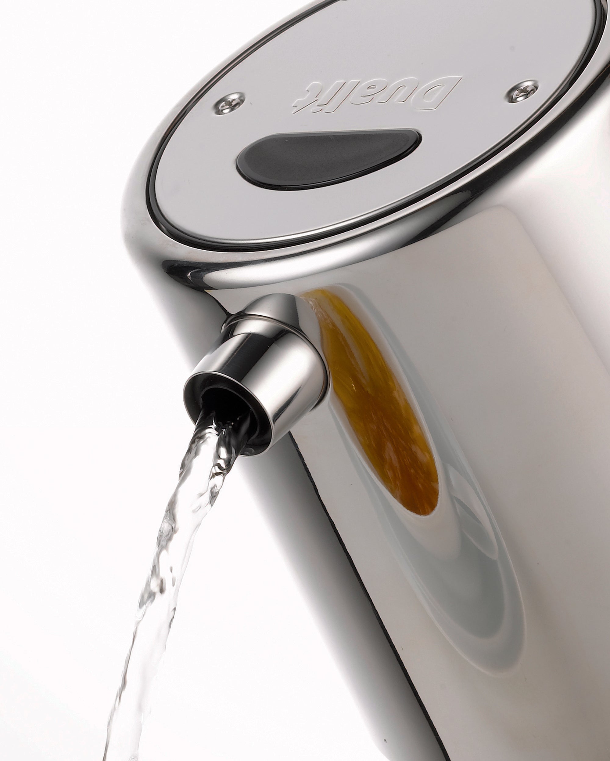 Stainless steel kettle with pour spout and black lid on circular base
