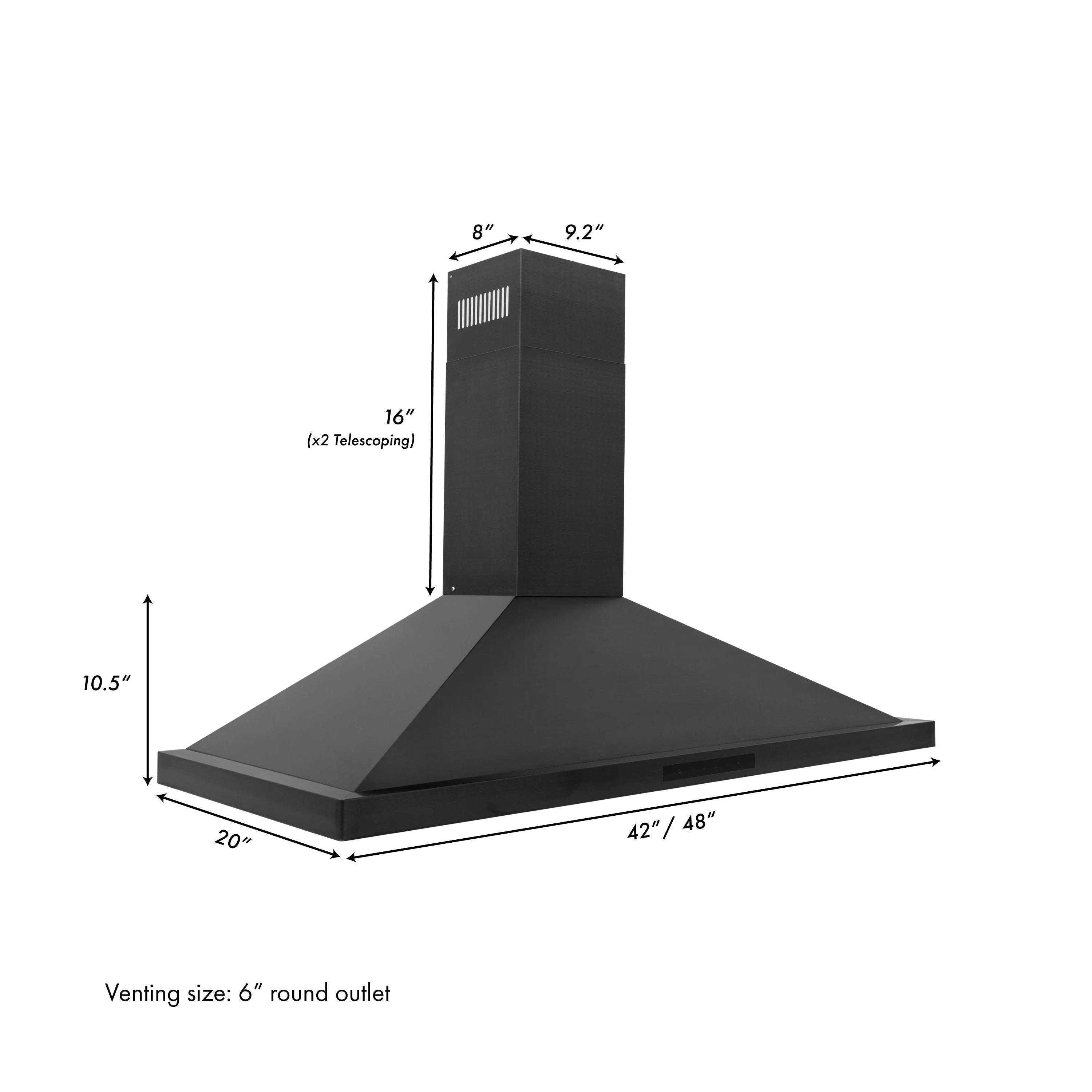 Convertible black range hood with 48-inch chimney and flat canopy, vent outlet details