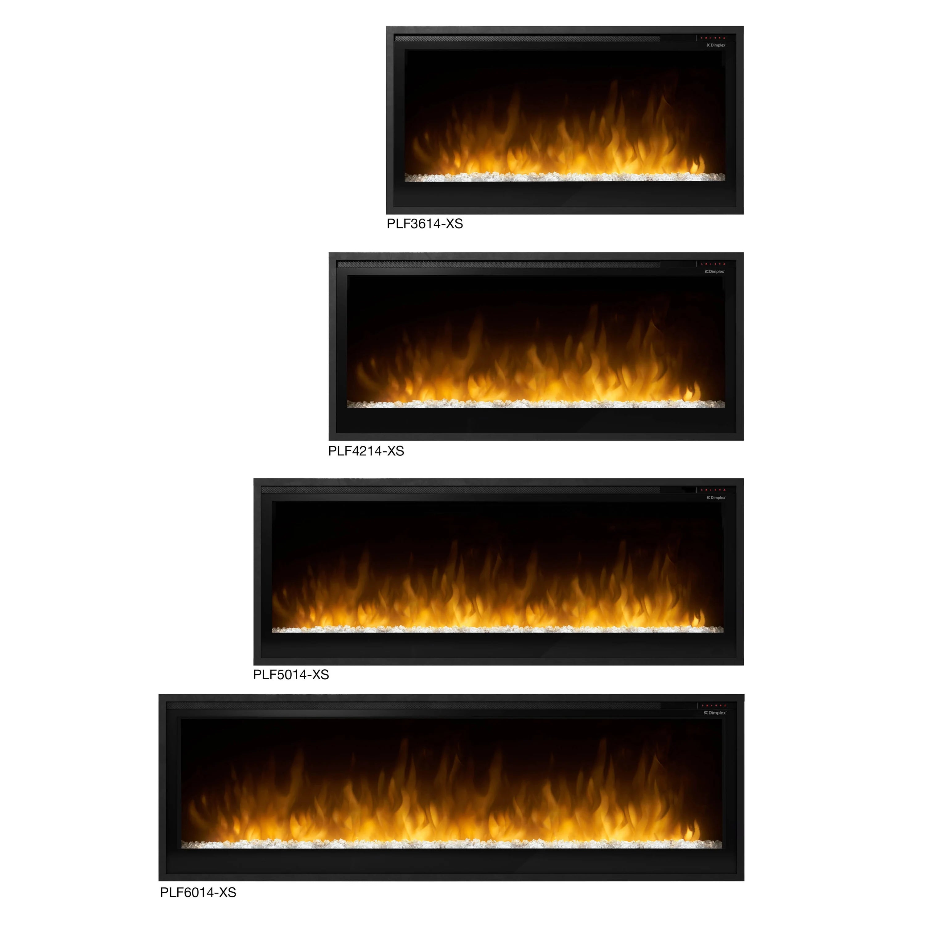 Linear electric fireplace set with black frames and flame display in four sizes