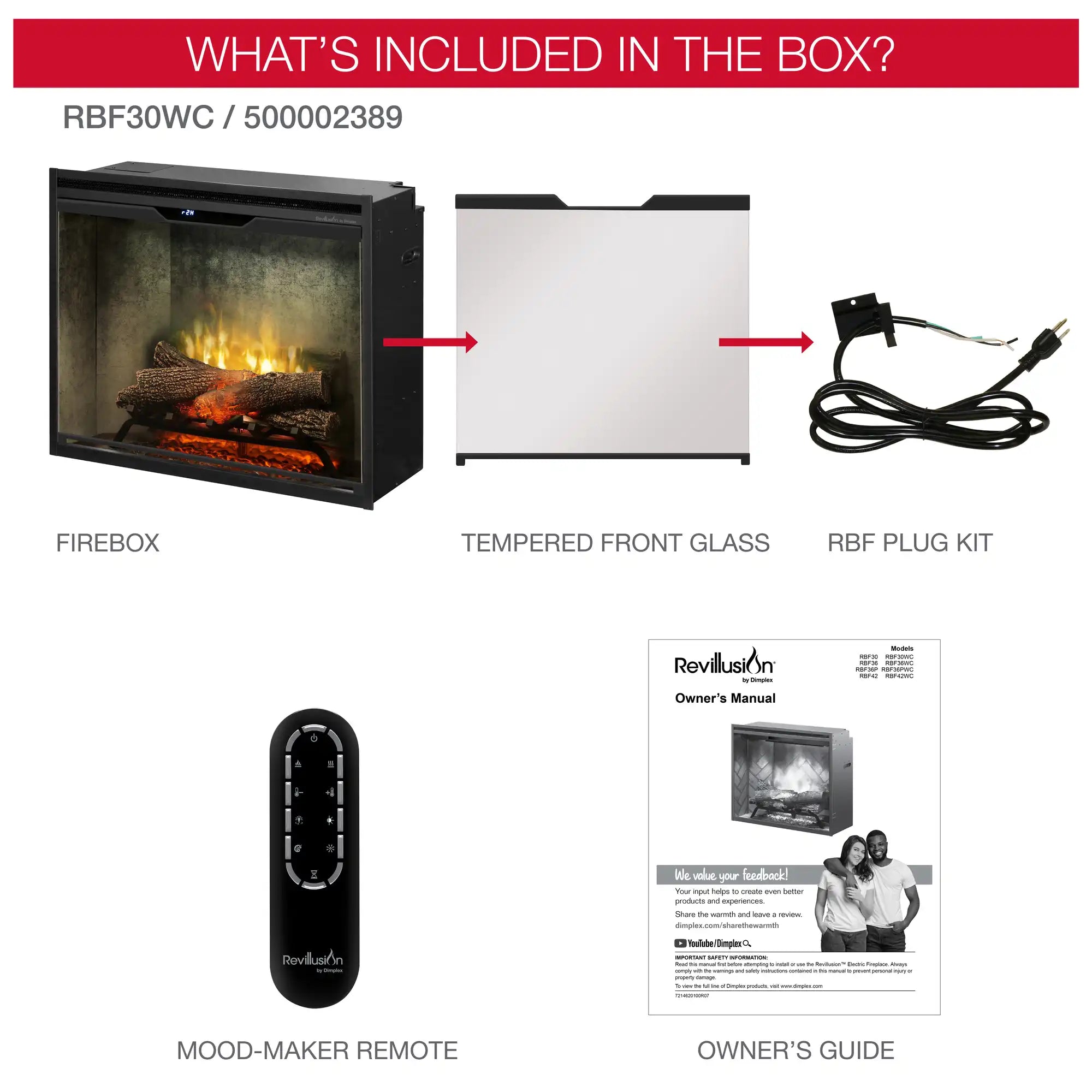 Box contents: electric firebox, tempered front glass, plug kit, mood-maker remote, owner’s guide