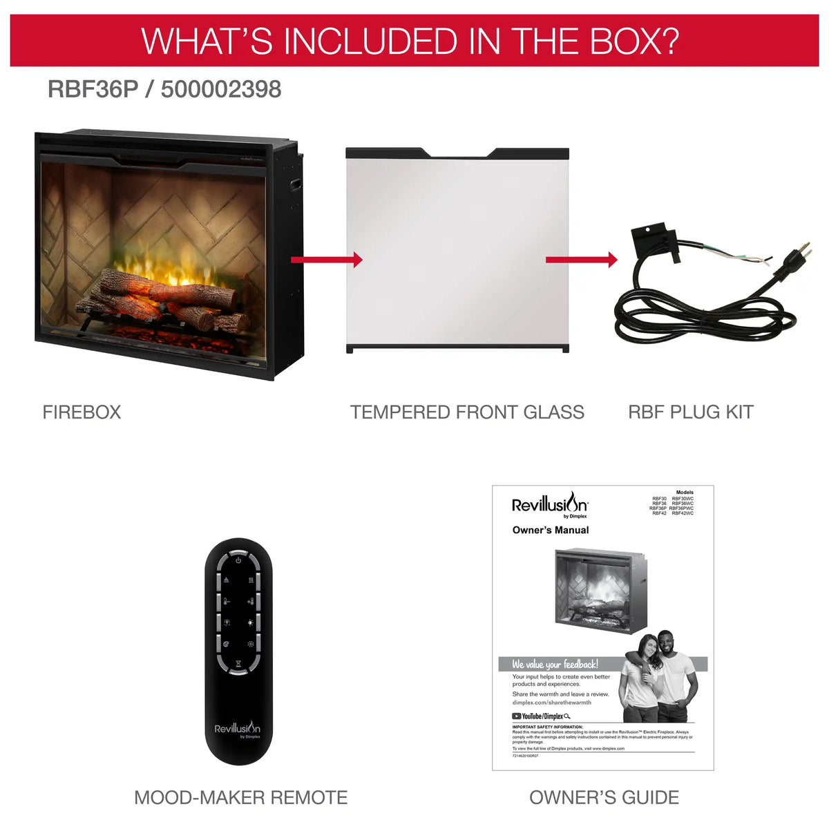 Firebox and tempered front glass with RBF plug kit, mood-maker remote, and owner manual