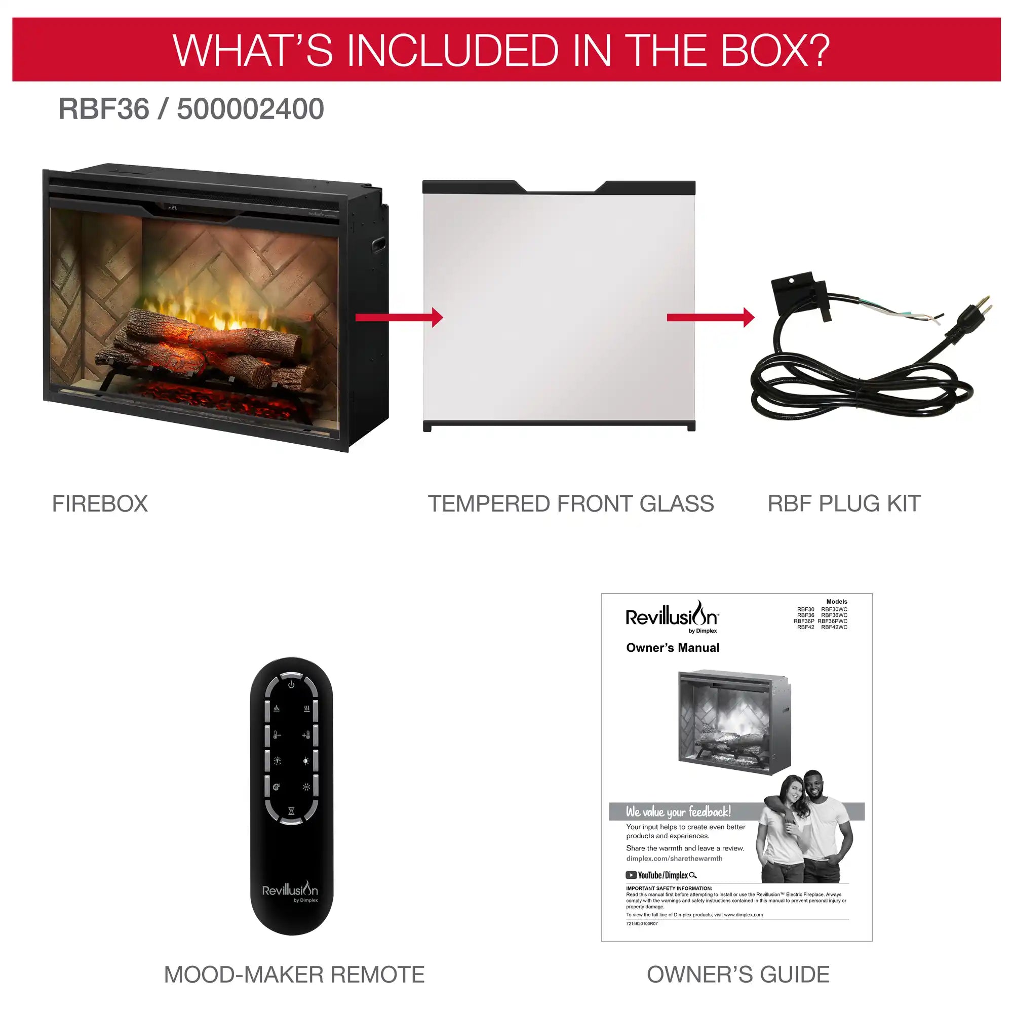 Package contents: electric firebox, tempered front glass, plug kit, remote, owner guide