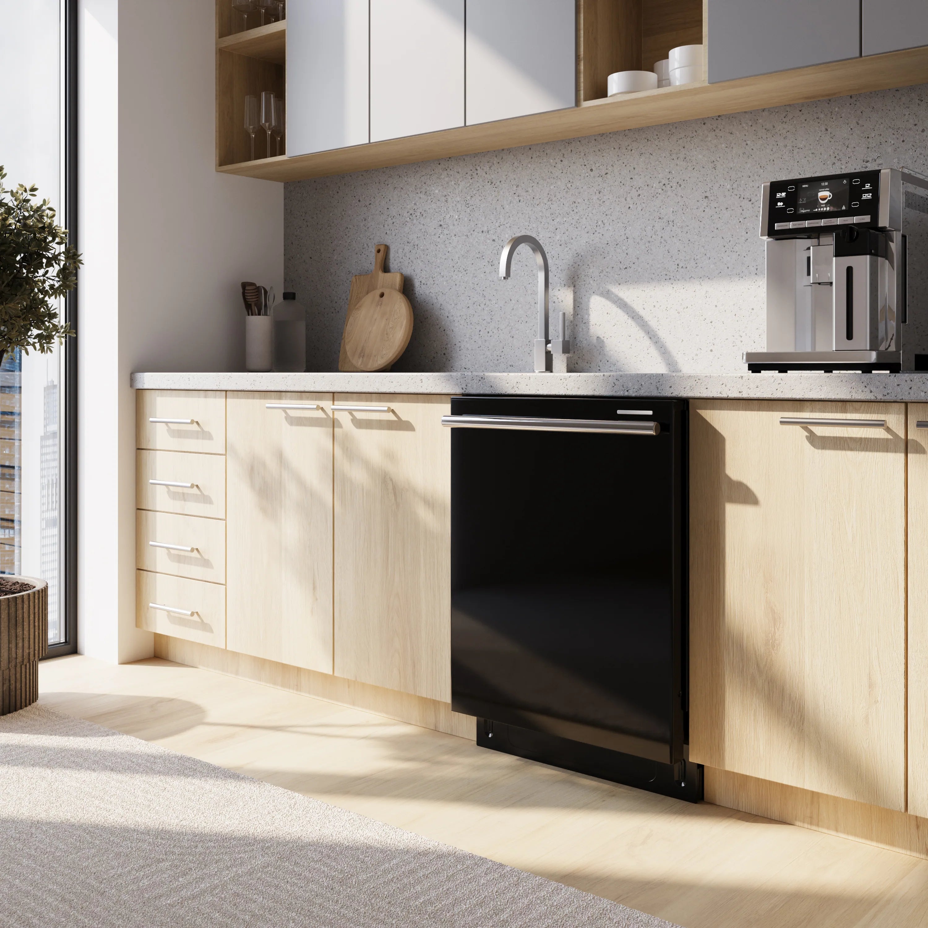 Built-in black dishwasher front with integrated handle and top control display