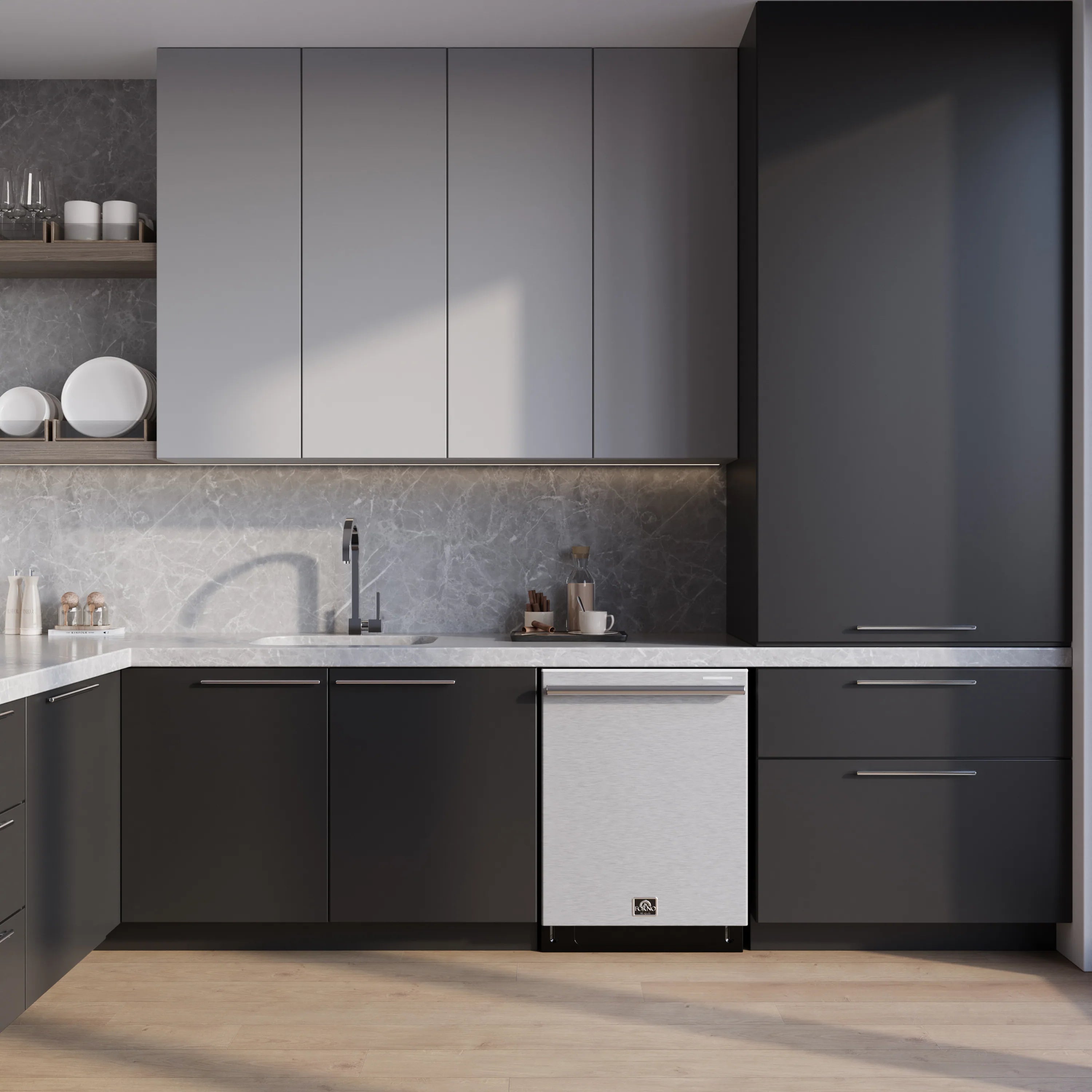 Built-in dishwasher installed under a countertop with stainless steel door